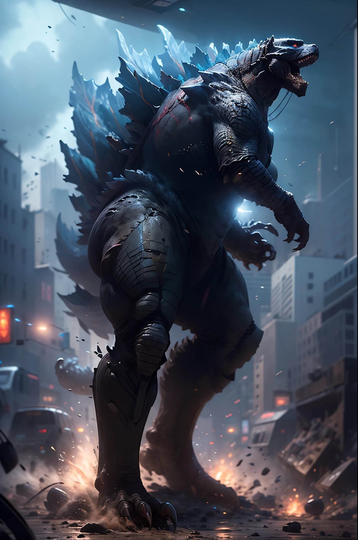 (Full focus:1.5), (full body:1.5), (Dark green giant Godzilla, destroying the city with buildings, military bombing Godzilla:1.5, fantasy, dynamic pose:1.3 cinematic lighting, glow, framing, character table, cheat sheet, HD, masterpiece, Textured skin, Super detail, high details, Textured skin, high details, high quality, Awarded, Best quality, high resolution, 32k