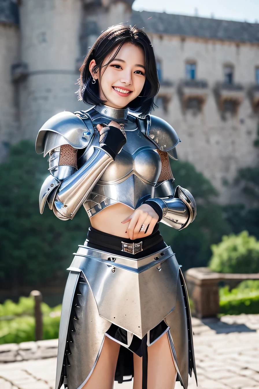 highest quality、4K、The background is a castle、slender body shape、female knight、black hair、smile、beautiful teeth、hairstyle short cut、ear piercing、full body photo、luxurious silver armor、