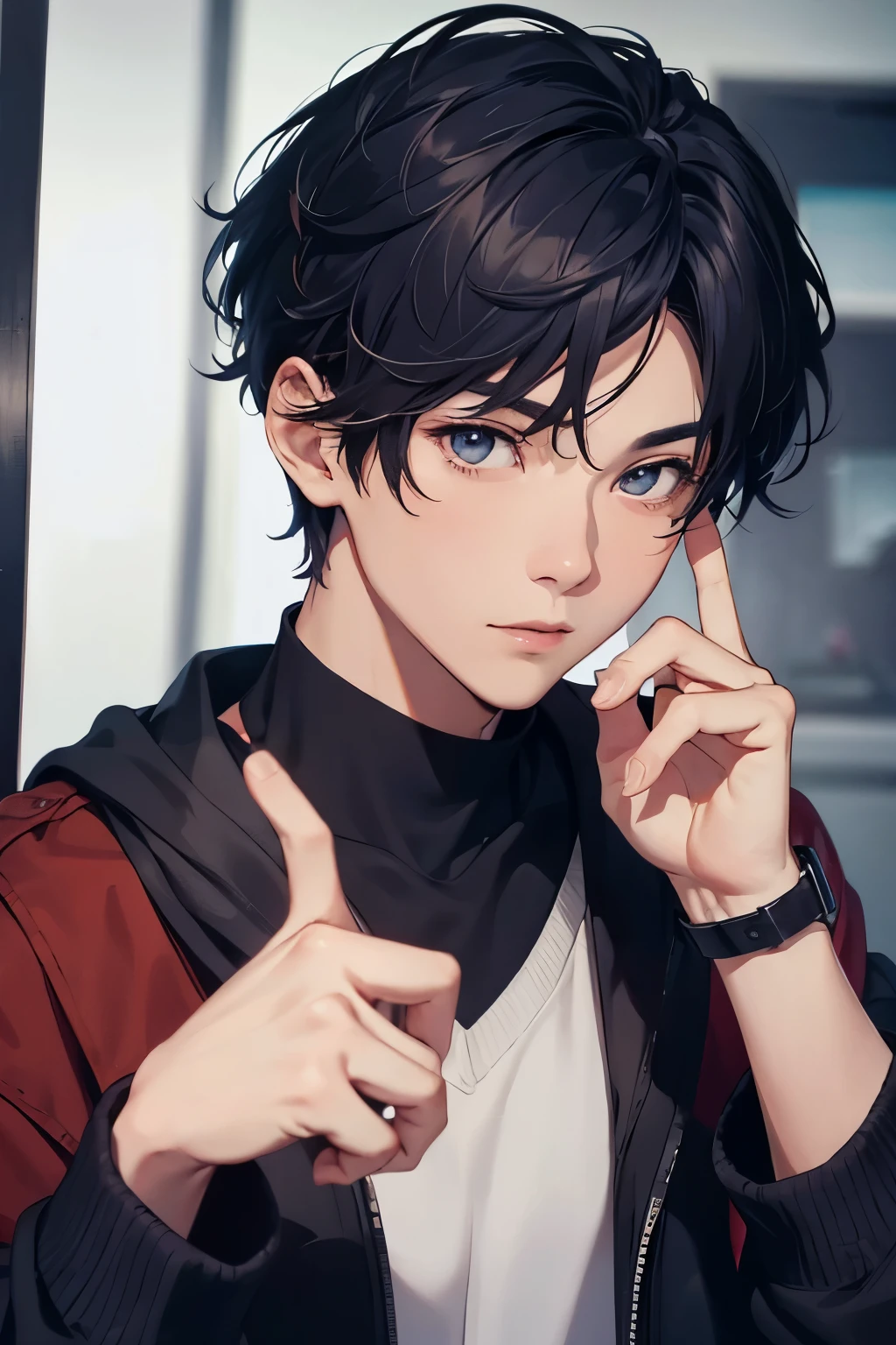 (confused, High resolution, Super detailed, HDR), masterpiece, highest quality, boy, alone, good looking, short hair, dark blue hair, small eyes and small face, casual clothes, True Shadow, Raise your hand to make a peace sign, Joyful, ear removal,