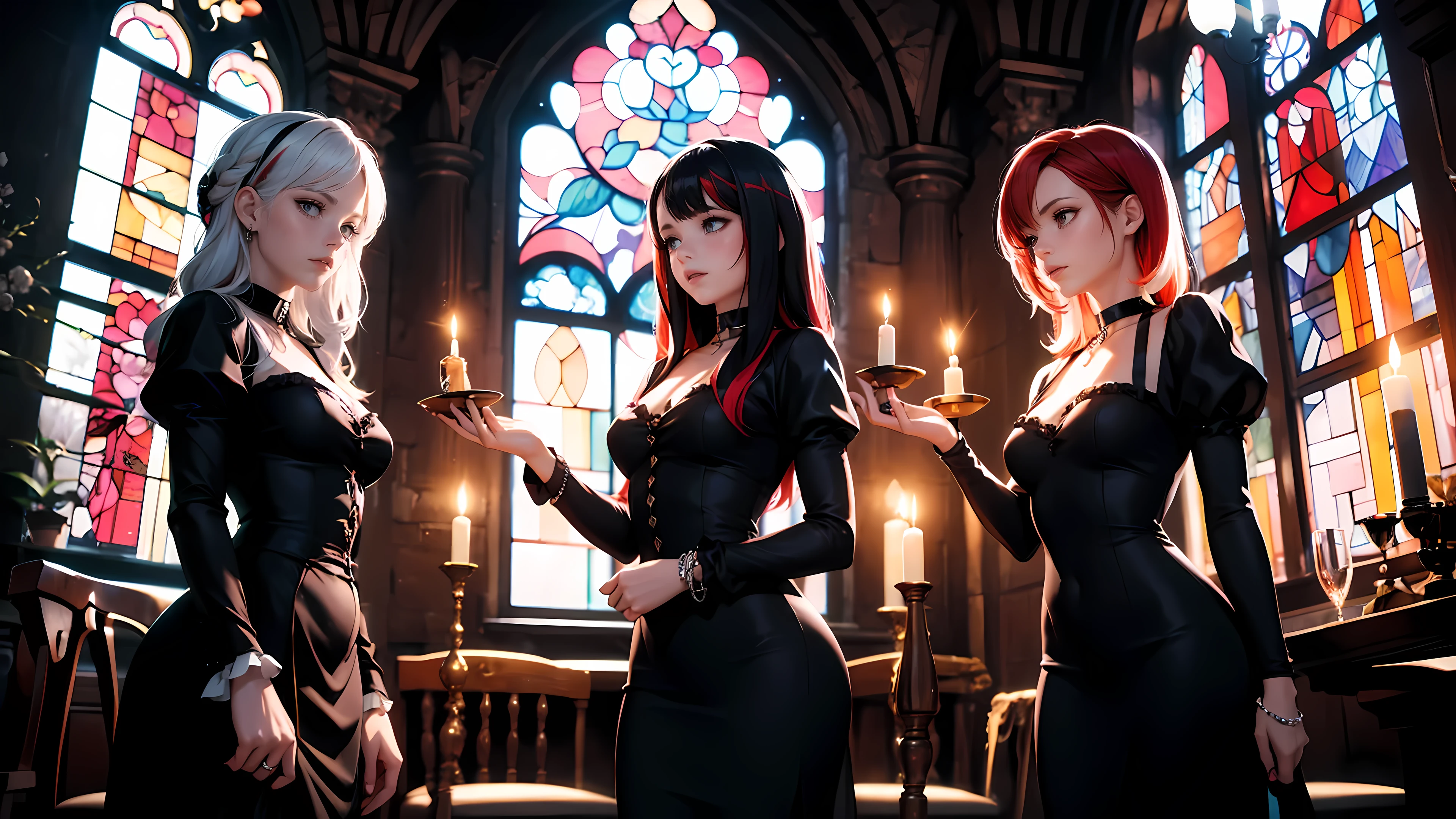 Three beautiful 30 year old women, three witches, detailed beautiful hair, detailed beautiful eyes, red hair, black hair, white hair, ((streaked hair)), choker collar, bracelets, long black dresses, standing, gothic mansion, Victorian mansion, dungeon, gothic stained glass window, candles, candlelight, dramatic lighting, cinematic lighting,