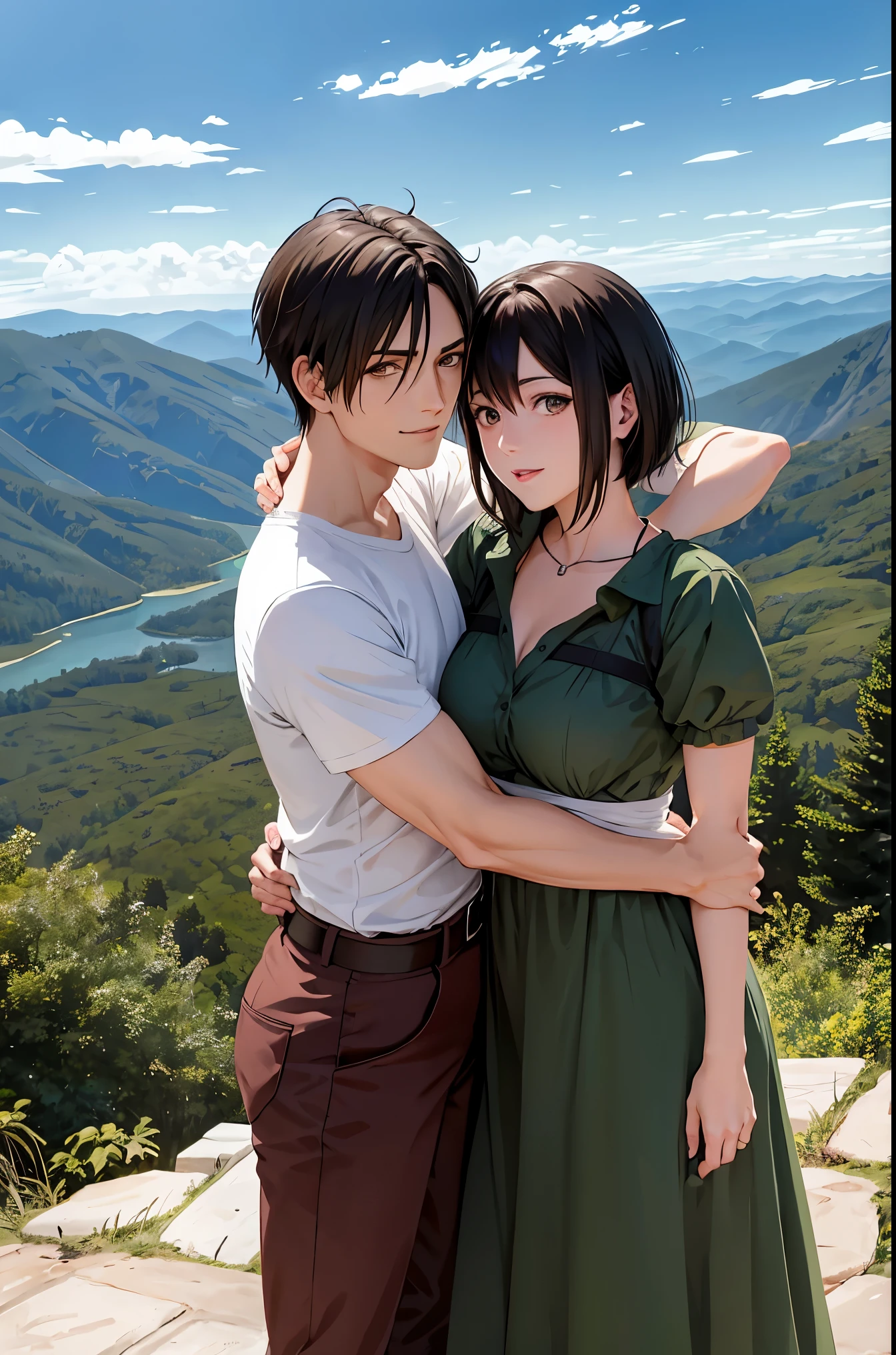 anime ataque a los titanes, Eren Yeager y Mikasa, Excelente calidad, both standing in a wooden cabin on top of the mountain and surrounded by more mountains. naturaleza. ambos felices, sonriente, abrazando. Buena cara, obra maestra, 2d, dibujo estilo anime. Sin ropa. hugging each other.
