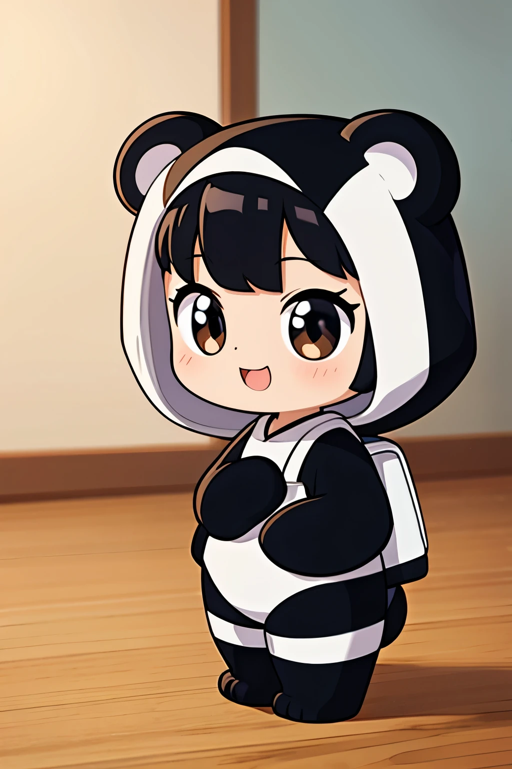 anime、A  wearing a panda costume、cute pose、Take a photo from the side、laughter