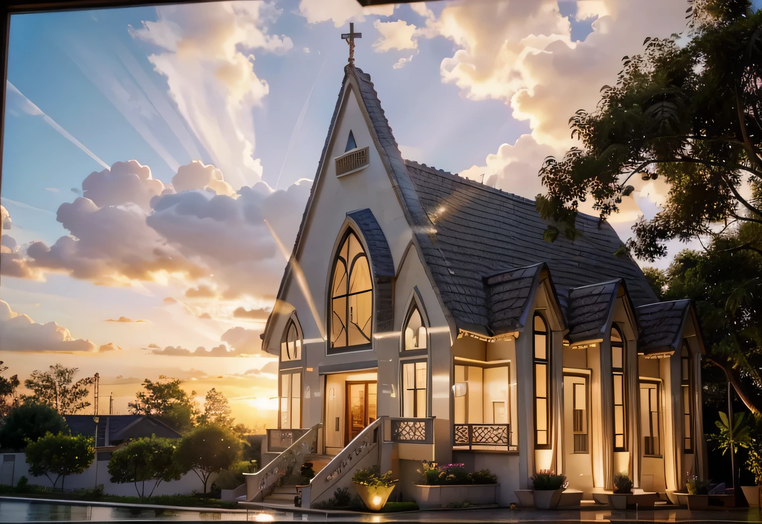 Ultra-realistic 8k, hd image quality, sharp detail, 2-story modern house, main materials: white walls, wooden ceiling accents, large glass windows, roads, cars, sidewalks, American Palm trees high, has a small alley, located in a residential area, modern style, shimmering sky, sunset light, feels peaceful, beautiful, close and warm, ((Warm light from indoor:1.3)), (daylight:1.2), perfect lighting,dynamic light,2 large glass doors,((1 large glass window:1.3)), (night light), (colorful flowers in front of the house)