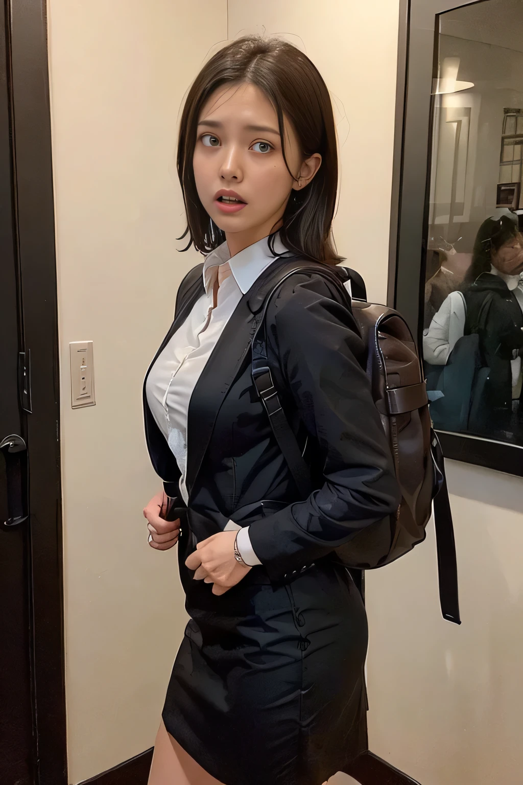 ((masterpiece:1.4))、((muste piece:1.4))、((long black hair woman:1.4))、((Standing in a hotel bedroom wearing a black office skirt:1.4))、 ((cowboy shot:1.4))、((Wearing a white long-sleeved collared dress shirt:1.4))、((wearing a black office blazer女性:1.4))、((small breast:1.4))、((Short black office skirt that highlights your thighs:1.4))、((wearing a black office blazer:1.4))、((wearing a neat office blazer:1.4)), ((look at the audience、A woman with a scared expression:1.4))、((Brown backpack:1.4))