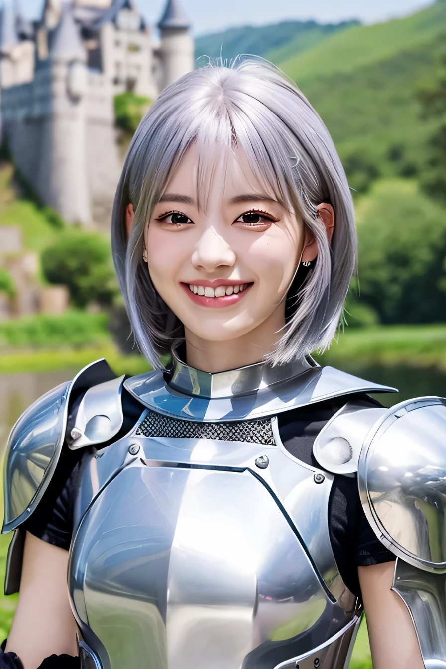 highest quality、４Ｋ、The background is a castle、slender body shape、female knight、silver hair、smile、beautiful teeth、hairstyle short cut、ear piercing、full body photo、luxurious silver armor、