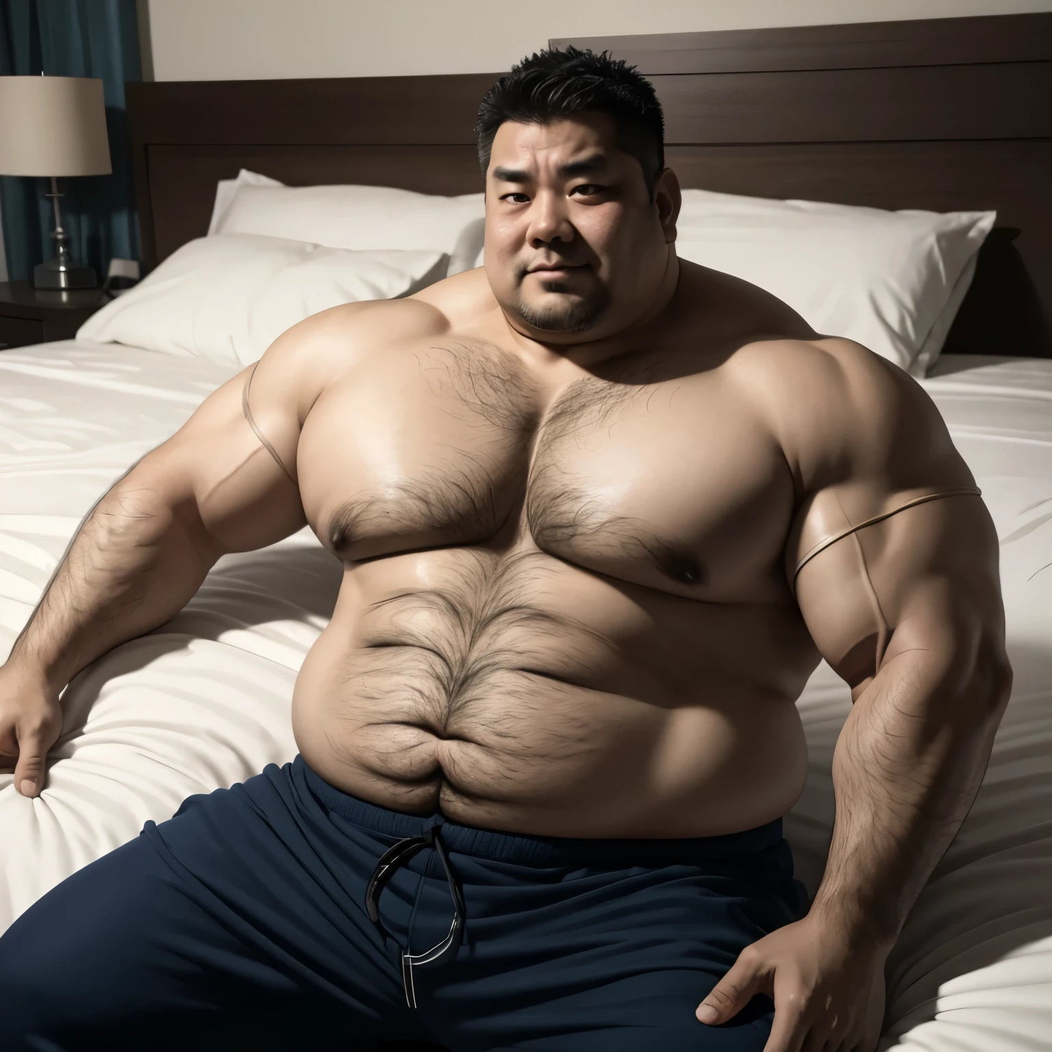 a fat middle aged asian man, with huge lats, hairy chests and arms, laying on the bed,hairy legs, manga style 