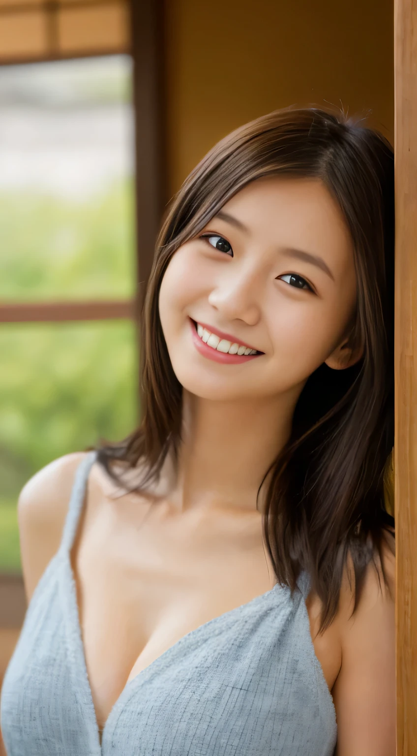 masterpiece,best quality,(Japanese ),((Beautiful girl)),cleavage,indoor,(perfect body beauty:1.2),(shy smile),beautiful teeth,