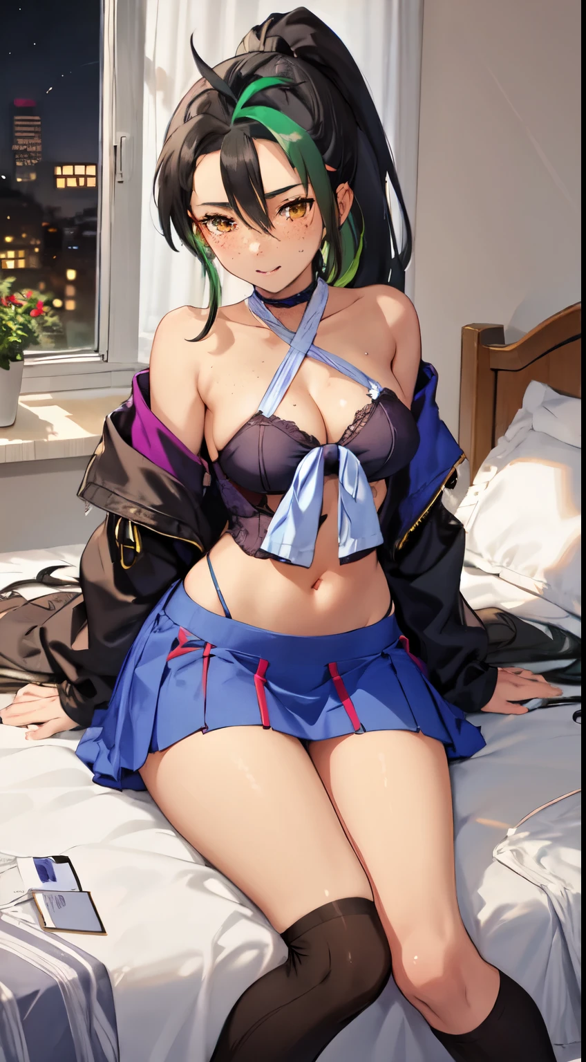 Yukino yukinoshita, long hair, cleavage, navel, slim legs, Nemona, brown eyes, black hair, ponytail, brown skin, green streak in side bangs, freckles, short skirt, thigh high socks, , happy, , bedroom, night. leaning, areola