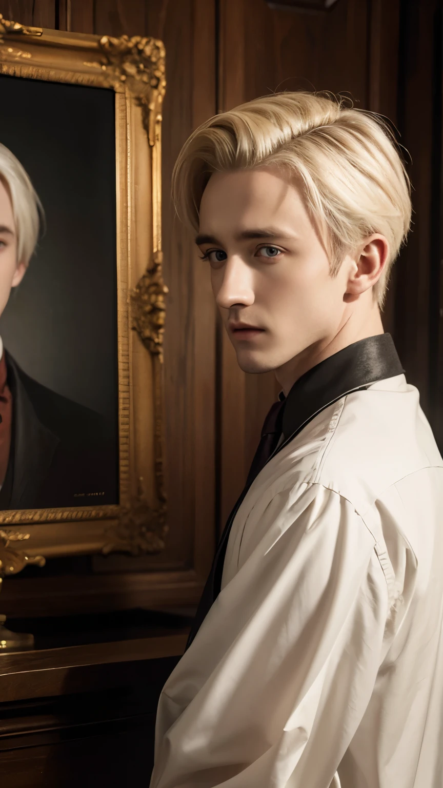 Draco Malfoy played by Tom Felton,Handsome，young，Beautiful vintage picture frame，oil painting style，Impression School，meticulous portrait
