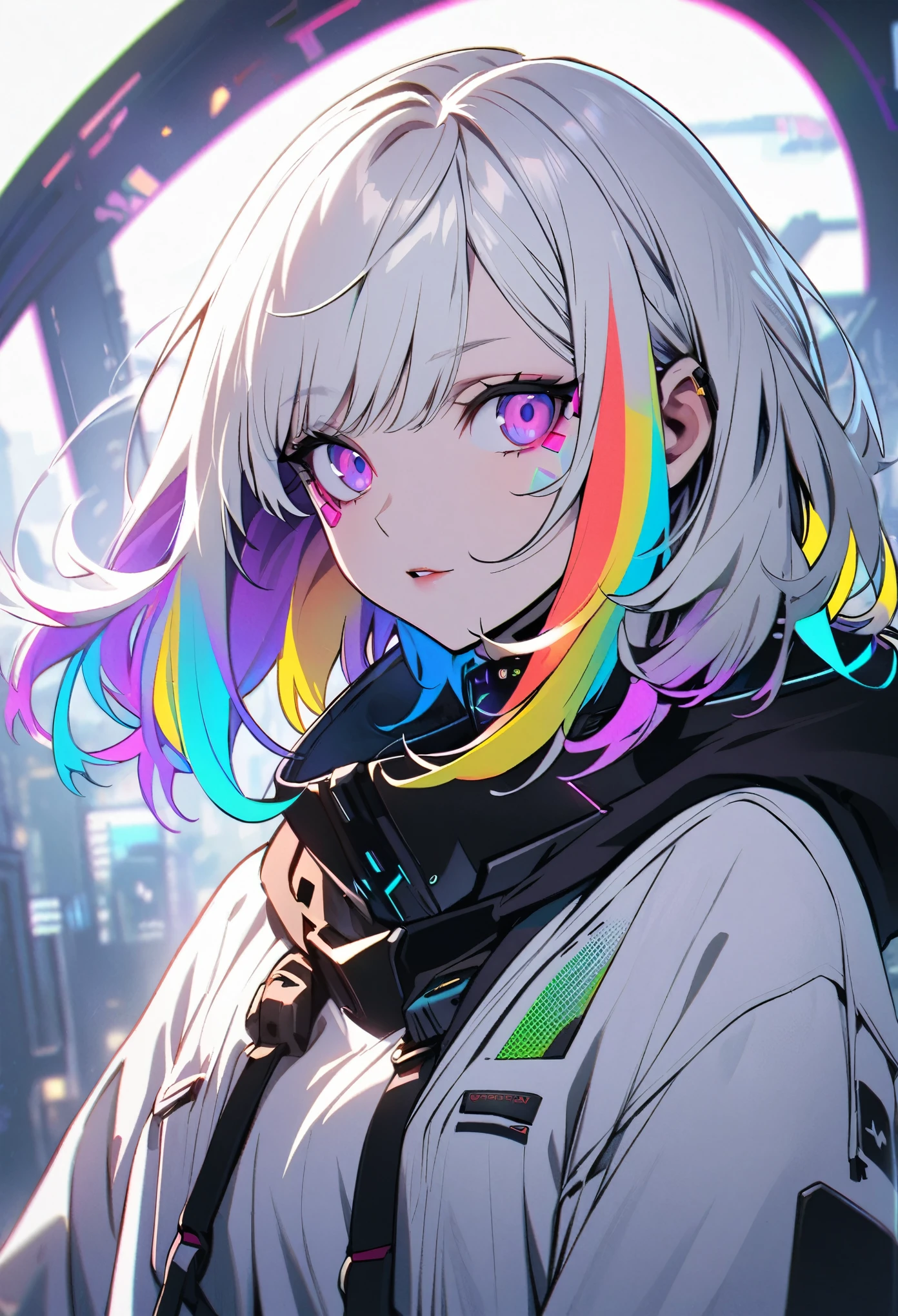 Handsome, solo, 1 female, medium hair, white hair, rainbow hair, purple eyes, black and white hood, futuristic, cyberpunk, cybernetic