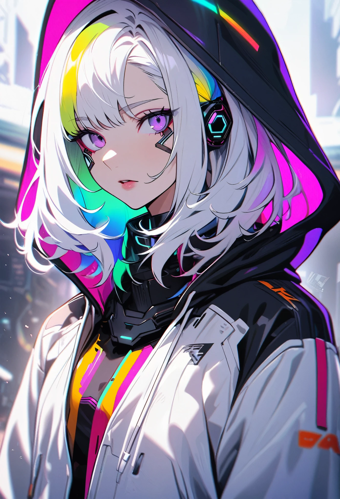 Handsome, solo, 1 female, medium hair, white hair, rainbow hair, purple eyes, black and white hood, futuristic, cyberpunk, cybernetic