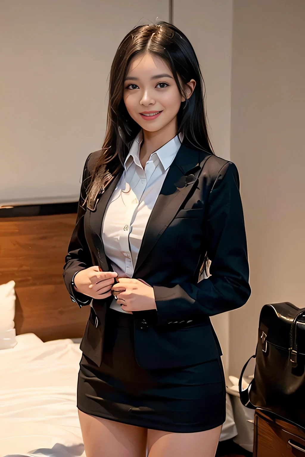 ((masterpiece:1.4))、((muste piece:1.4))、((long black hair woman:1.4))、((Standing in a hotel bedroom wearing a black office skirt:1.4))、 ((cowboy shot:1.4))、((Wearing a white long-sleeved collared dress shirt:1.4))、((woman wearing a black suit:1.4))、((small breast:1.4))、((Black miniskirt that highlights your thighs:1.4))、((wearing a black office blazer:1.4))、((wearing a neat office blazer:1.4)), ((smiling woman:1.4))、((carrying a brown backpack:1.4))
