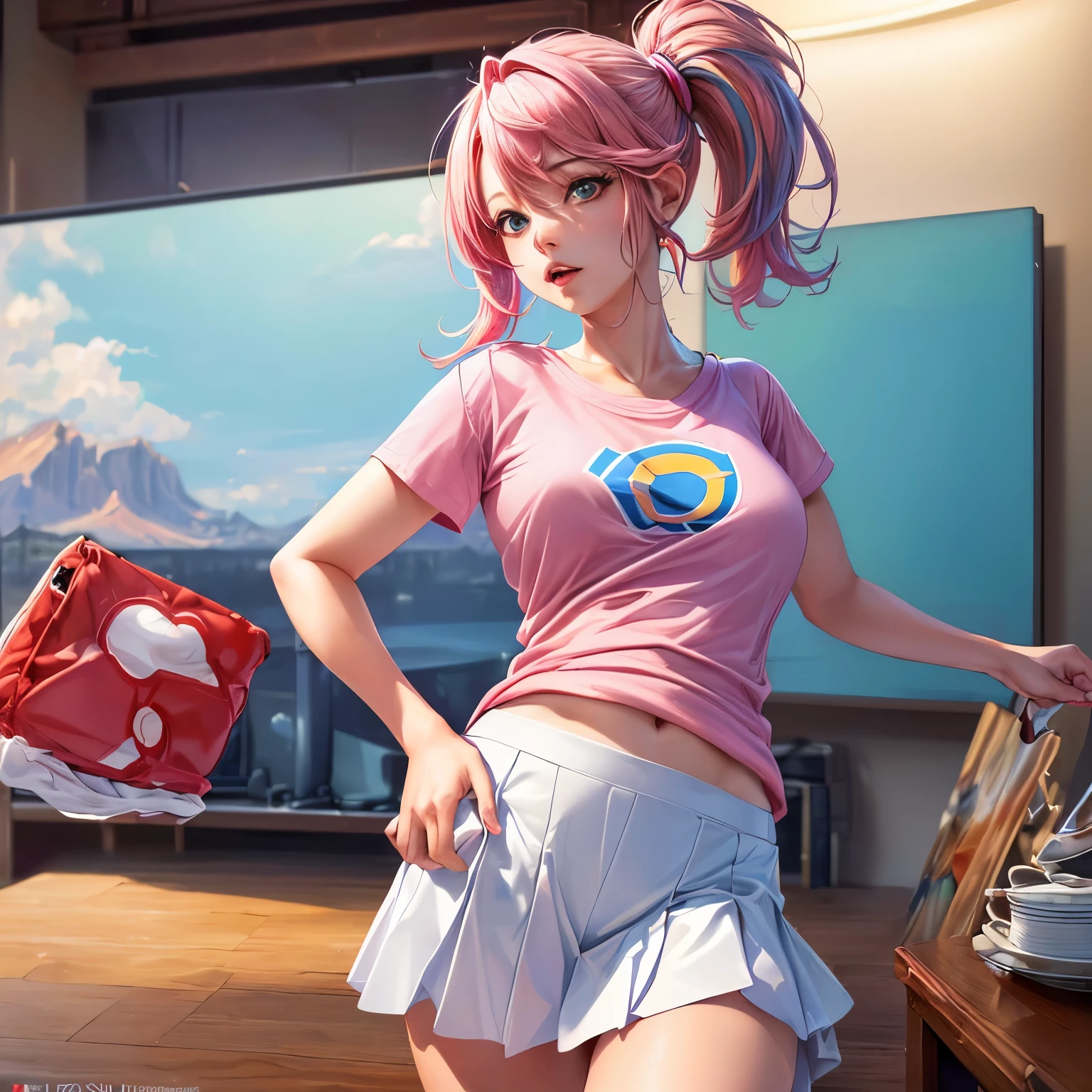 "(best quality,highres,masterpiece:1.2),ultra-detailed,(realistic,photorealistic,photo-realistic:1.37),professional,colorful,studio lighting,painted" "pokemon trainer with pink hair, fitted white skirt, red underwear, blue t-shirt"
