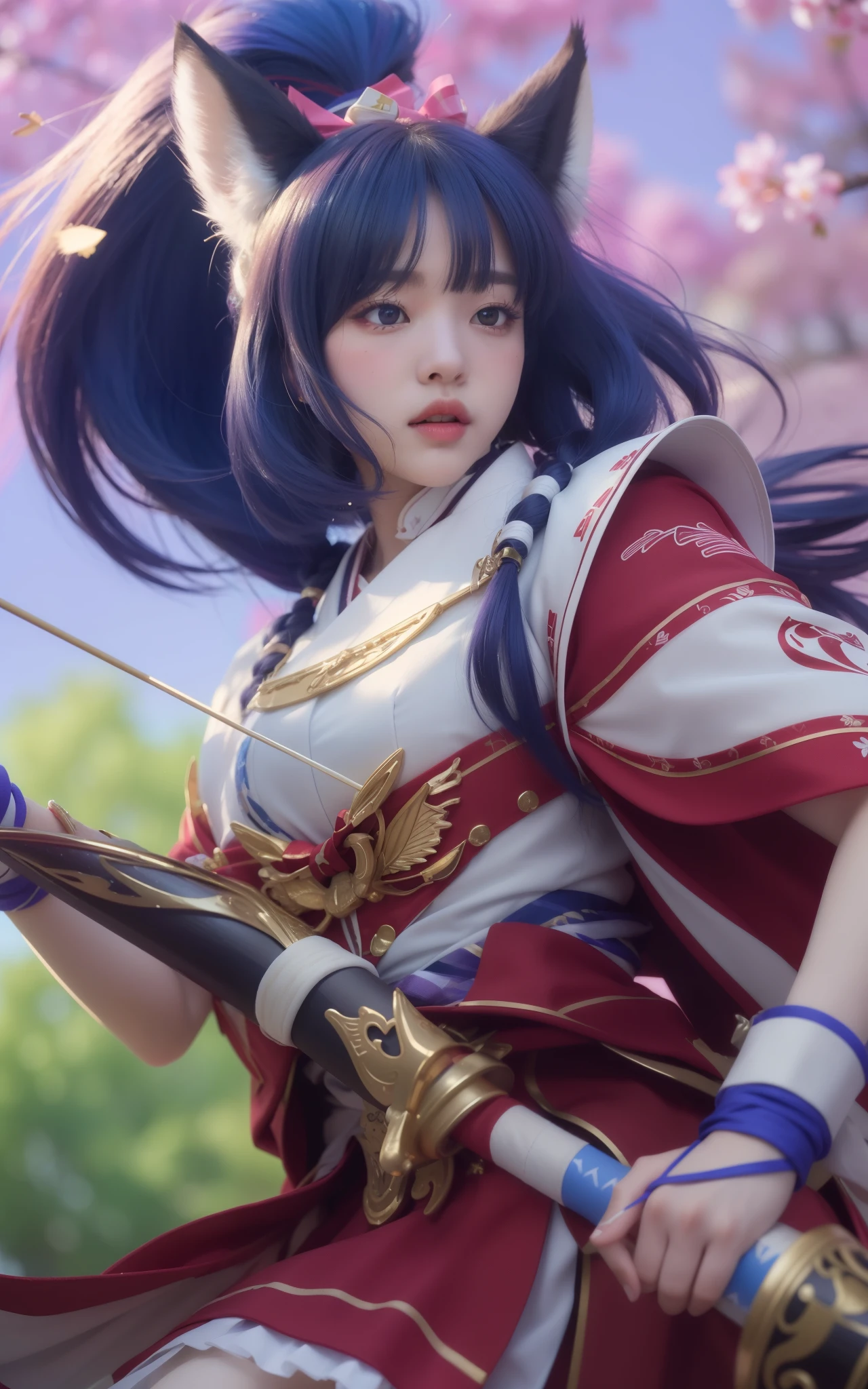 masuter piece, best qualtiy, (((realisitic, Photorealsitic:1.37))), ((独奏)), 8K image quality , extremely delicate and beautiful, splendid, Official art with attention to detail, Unbelievably ridiculous, huge filesize, ultra-detailliert, ighly detailed, (Pretty girl), (detailed girl), Eyes and faces with detailed, Beautiful detailed eyes, Light makeup, (1 girl), (Perfect female figure), slender, (Pretty girl in Japan), ((fullllbody)), ((poneyTail)), With bangs, ((Samurai Japan Woman)), ((Japan purple and red armor), (Detailed Japan armor), (20yr old), ((Samurai Japan Woman)), Wakizashi, (Detailed Japan armor), Shrines and temples