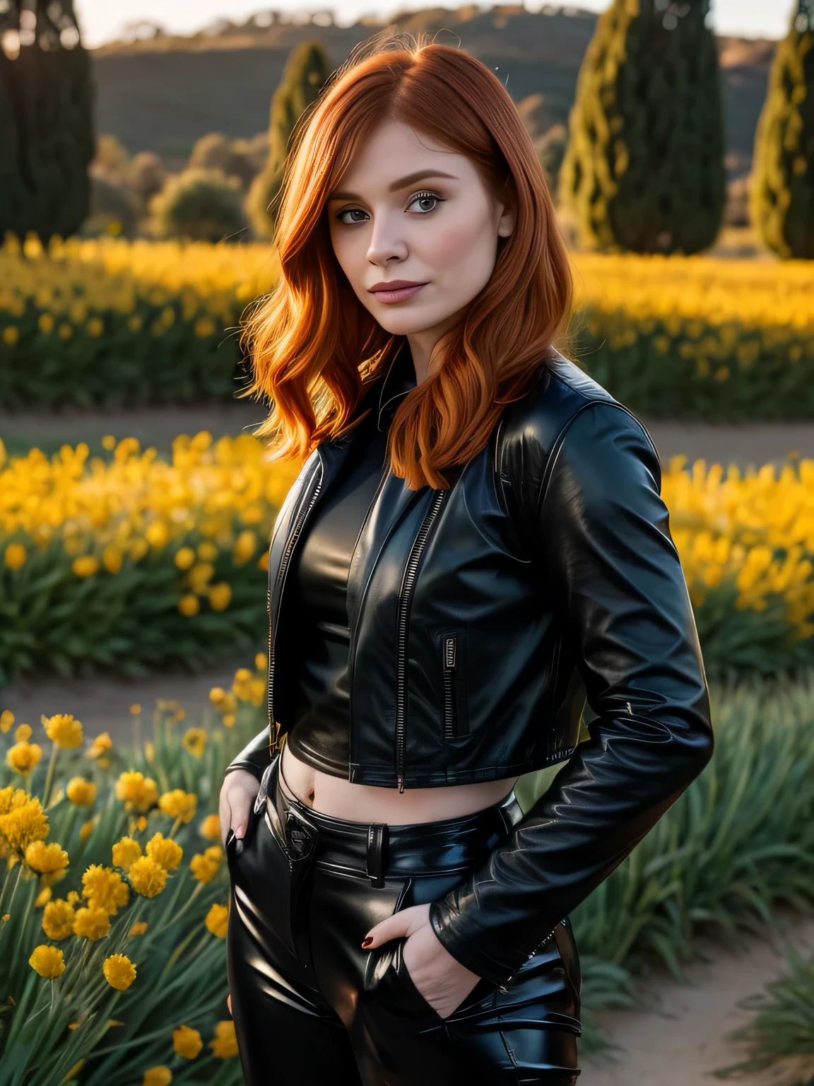 bryce dallas howard, a attractive 25 years old woman in photorealistic style, a shor chanel redhead woman with in black leather pants and a black leather jacket in a spring flower field at sunset