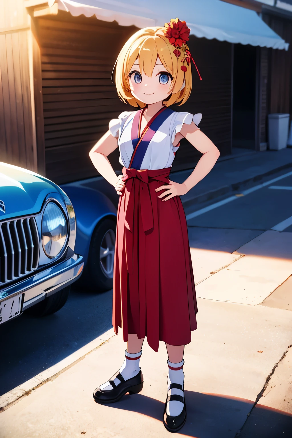 Octane Render、(Hyper-detailing: 1.15)、(Soft light、sharp: 1.2)、morning、 posing in front of colorful EV in parking lot near beach, Traditional costumes、Distinctive ethnic hair ornaments、Characteristic ethnic shoes、 Fuji Film, F/4.0, masutepiece, Anatomically correct、A smile, radiant light