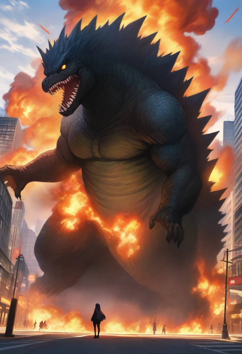 masterpiece, best quality, very aesthetic, cloudy daylight,
GodzillaXP, monster, godzilla,  full body shot from side, looking at the viewer, blue eyes, yellow spines, 
in city center, fire, explosion,