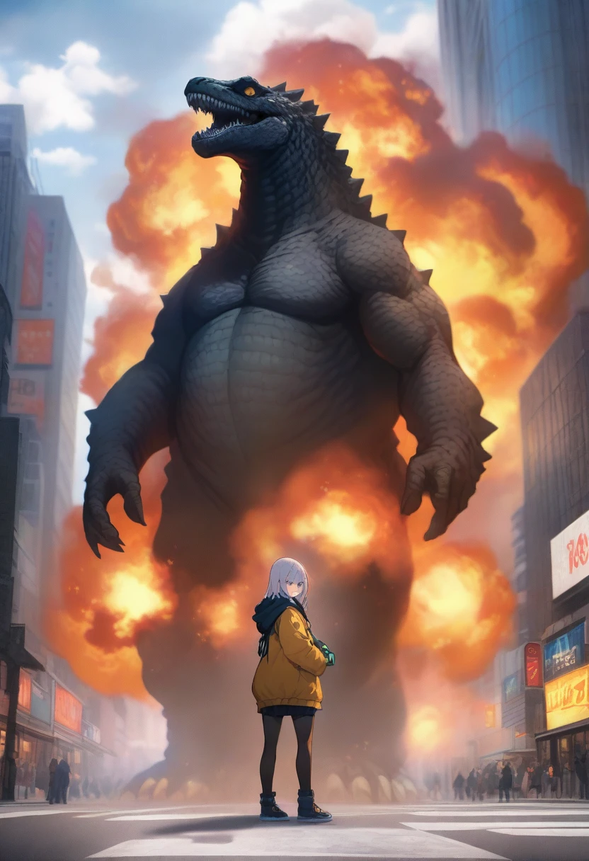 masterpiece, best quality, very aesthetic, cloudy daylight,
GodzillaXP, monster, godzilla,  full body shot from side, looking at the viewer, blue eyes, yellow spines, 
in city center, fire, explosion,