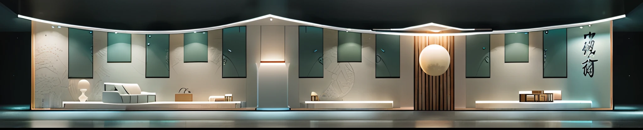 chinese booth 3d rendering, o keremeanu national festival, white walls, blue-green tones, round glass windows, traditional maori design, chinese hanging, brand logo, minimal chinese panels, ocean waves, rendered in cinema4d, miwa komatsu, print ads, high contrast shadows