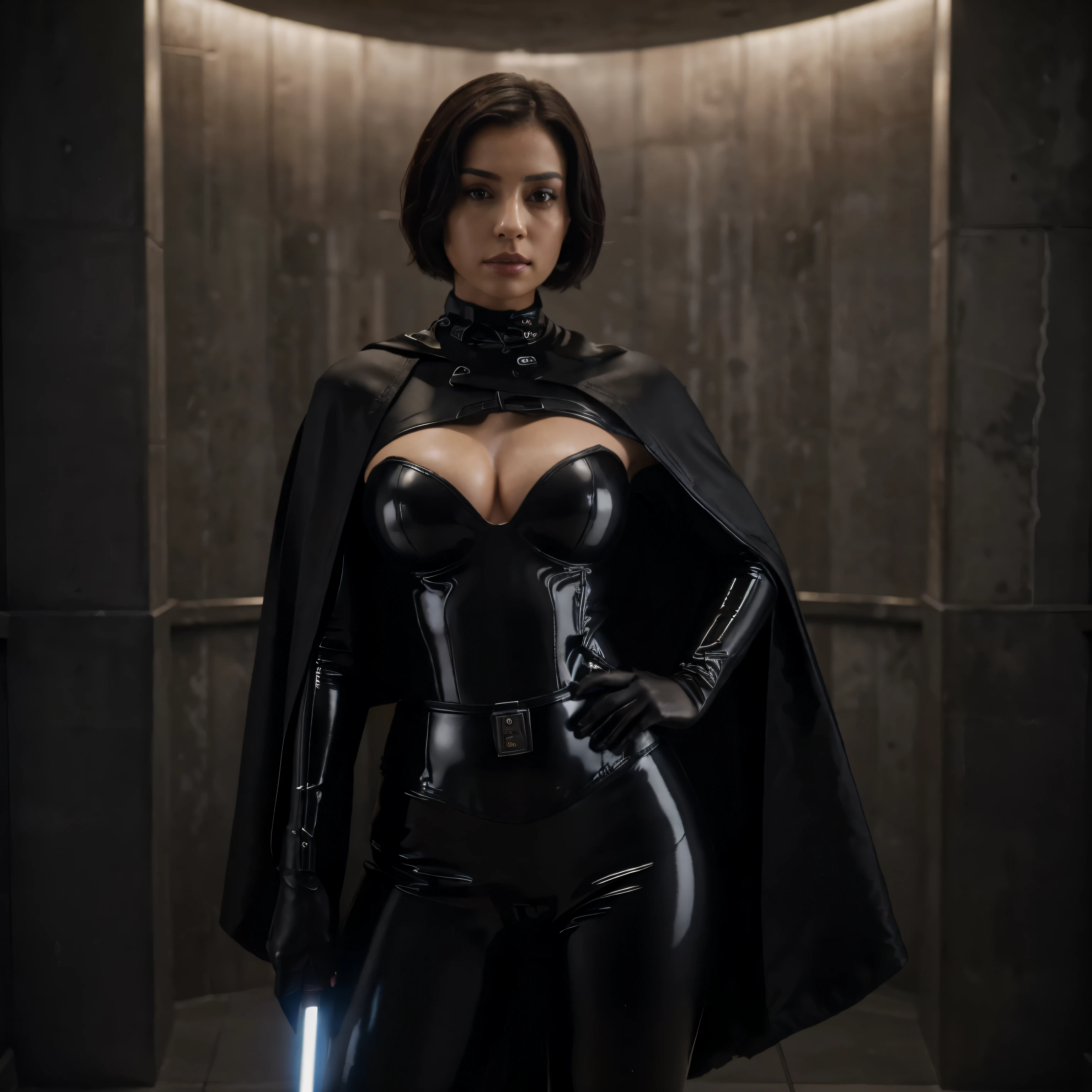 (best quality,4k,8k,highres,masterpiece:1.2),ultra-detailed,(realistic,photorealistic,photo-realistic:1.37) latina, short hair, dark hair, wearing black latex, black cape, holding a lighsaber, confident, seductive pose, full body, inside the death star