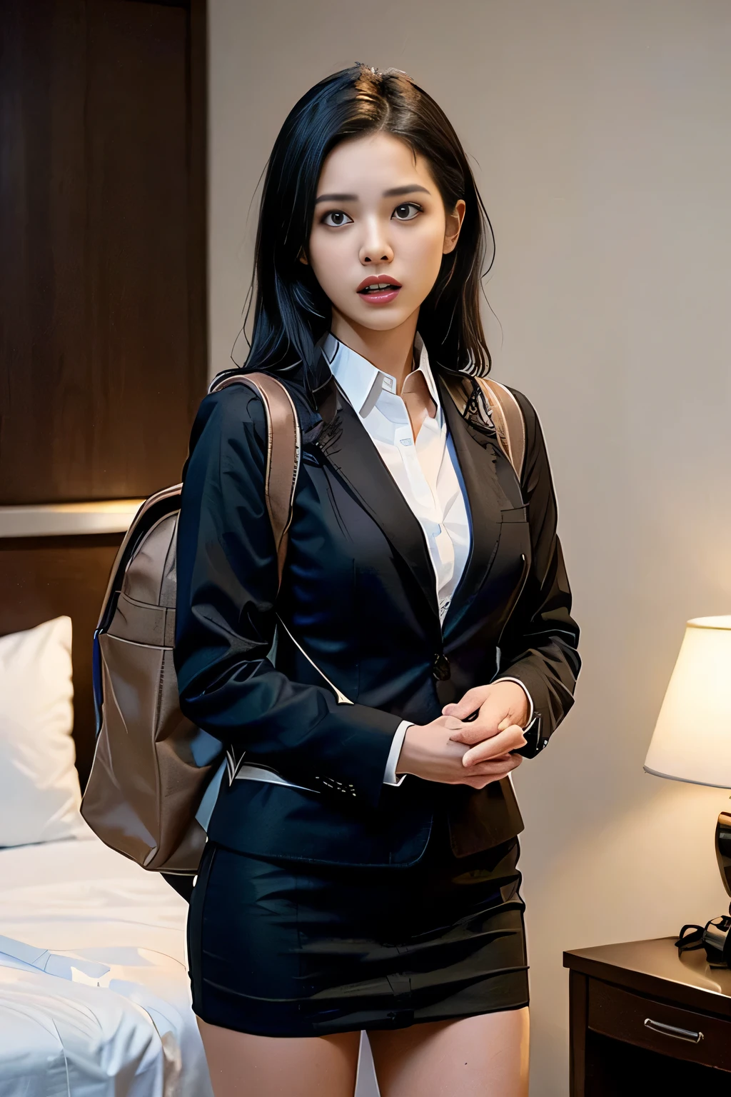 ((masterpiece:1.4))、((muste piece:1.4))、((long black hair woman:1.4))、((Standing in a hotel bedroom wearing a black office skirt:1.4))、 ((cowboy shot:1.4))、((Wearing a white long-sleeved collared dress shirt:1.4))、((woman wearing a black suit:1.4))、((small breast:1.4))、((Black miniskirt that highlights your thighs:1.4))、((wearing a black office blazer:1.4))、((wearing a neat office blazer:1.4)), ((A woman with a scared expression:1.4))、((carrying a brown backpack:1.4))