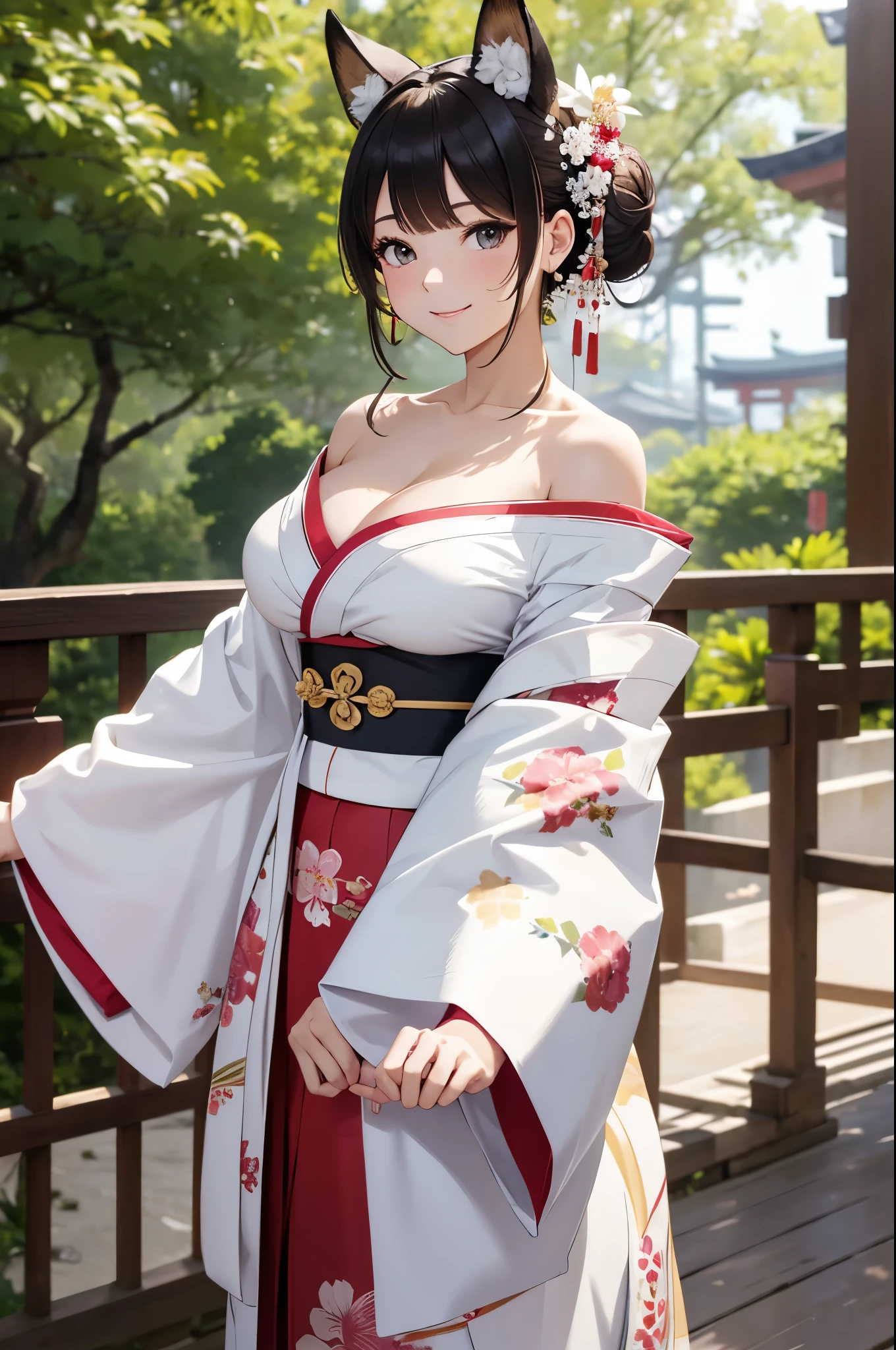masterpiece,best quality,highres,bbbotan,ahoge,hair bun,double bun,sidelocks,animal ears,hair ornament,ear piercing,large breasts,off shoulder,japanese clothes,fur-trimmed kimono,white kimono,floral print,wide sleeves,obi,sash,skirt,standing,outdoors,cowboy shot,smile,arms at sides,