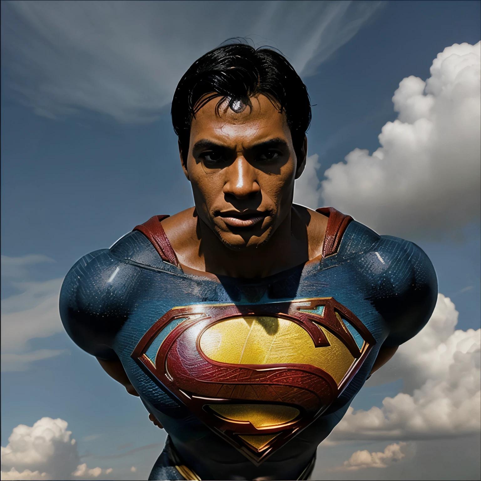 comic illustration of mylvestre in the style of jim lee, 1boy, superman abs, bara, black hair, blue bodysuit, blue eyes, bodysuit, cape, closed mouth, crossed arms, large pectorals, male focus, muscular, muscular male, pectoral lift, pectorals, red cape, short hair, simple background, solo, superhero, upper body , ((masterpiece)) <lora:jim_lee_offset:1>