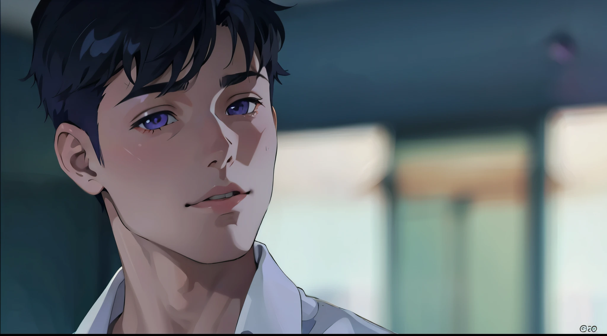 cute 15 year old boy violet eyes 2d anime style. chico lindo de cabello violeta ojos violetas, esta gritando enojado y sorprendido
