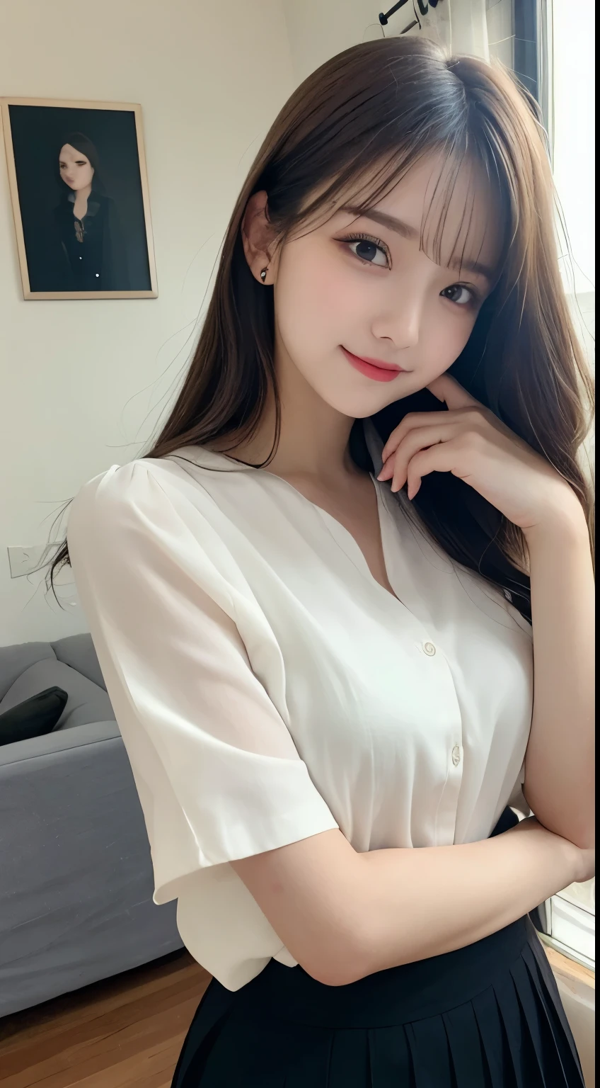 table top, highest quality, shape, Super detailed, finely, High resolution, 8k wallpaper, 完璧なダイナミックな構shape, beautiful and detailed eyes, small breasts, natural color lip, ランダムなsexy pose,smile,20 year old girl、Beautiful and dense face、perfect and beautiful face,Big eyes、real photos（best image quality）,cute face、cute、blouse(black)、pleated skirt、Blurred tower apartment living room background、sexy pose