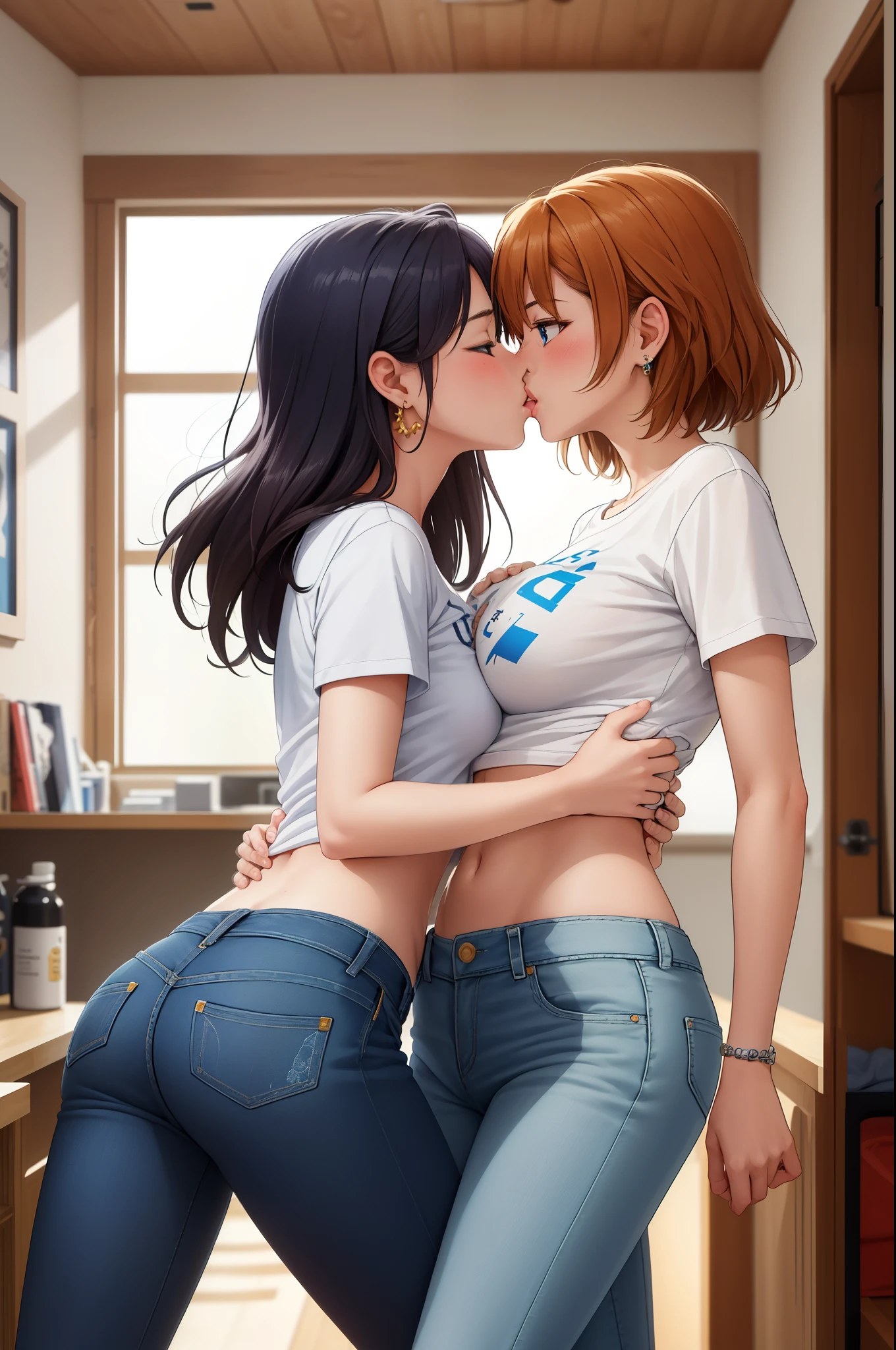 (Masterpiece, Best Quality, High Quality), professional artwork, well drawn, Intricate Details,(((two girls looking at each other and kiss))),Kousaka honoka, room, ultra detail hair, ultra detail face, perfect eyes, earring, blushing, embarrassed, t-shirt, midriff, denim pants, heavy breathing , breast press