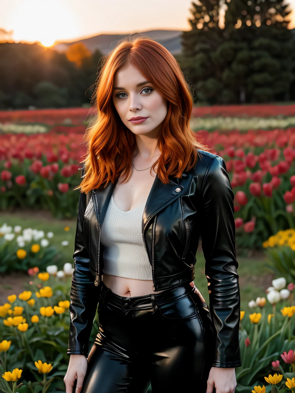 bryce dallas howard, a attractive 25 years old woman in photorealistic style, a short chanel redhead woman with in black leather pants and a black leather jacket in a spring flower field at sunset