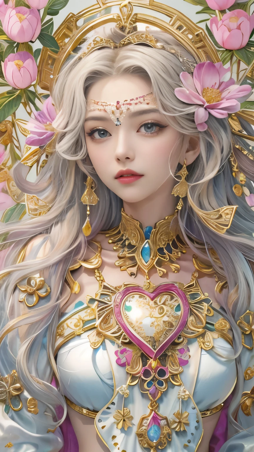 (table top, highest qualityの, highest quality, official art, beautiful and aesthetic:1.2), (1 fantasy girl), very detailed, gorgeous jewelry,face is close, shapeless long hair, (fractal art:1.3),colorful,best details.expressed in the shape of a heart、heart shaped ornament、Use a lot of heart shapes、Use a lot of heart shapes in the background、pink、use lots of flowers、Angle from above the knee,The skin is white and transparent,high heels、Gold Anklet、