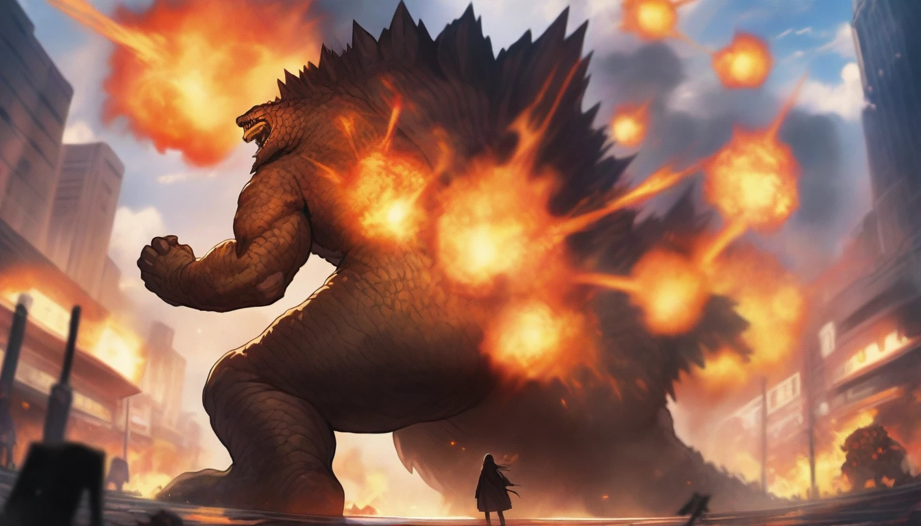 masterpiece, best quality, very aesthetic, cloudy daylight,
GodzillaXP, monster, godzilla,  full body shot from side, looking at the viewer, blue eyes, yellow spines, 
in city center, fire, explosion,