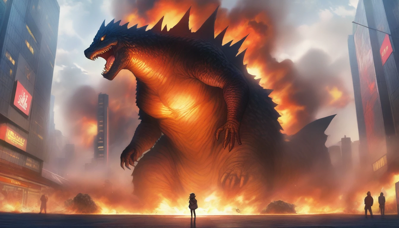 masterpiece, best quality, very aesthetic, cloudy daylight,
GodzillaXP, monster, godzilla,  full body shot from side, looking at the viewer, blue eyes, yellow spines, 
in city center, fire, explosion,