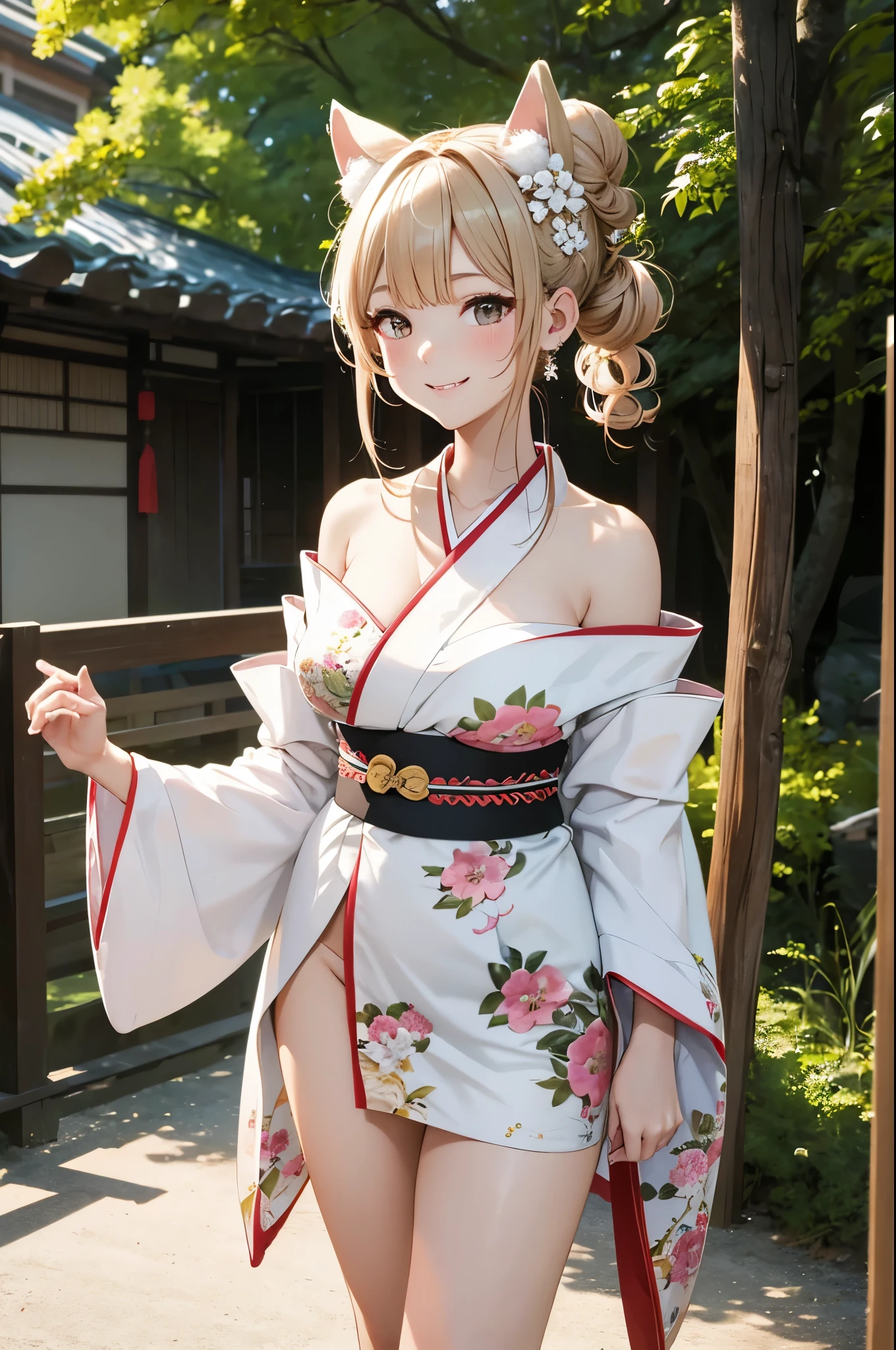 masterpiece,best quality,highres,bbbotan,ahoge,hair bun,double bun,sidelocks,animal ears,hair ornament,ear piercing,large breasts,off shoulder,japanese clothes,fur-trimmed kimono,white kimono,floral print,wide sleeves,obi,sash,skirt,standing,outdoors,cowboy shot,smile,arms at sides,