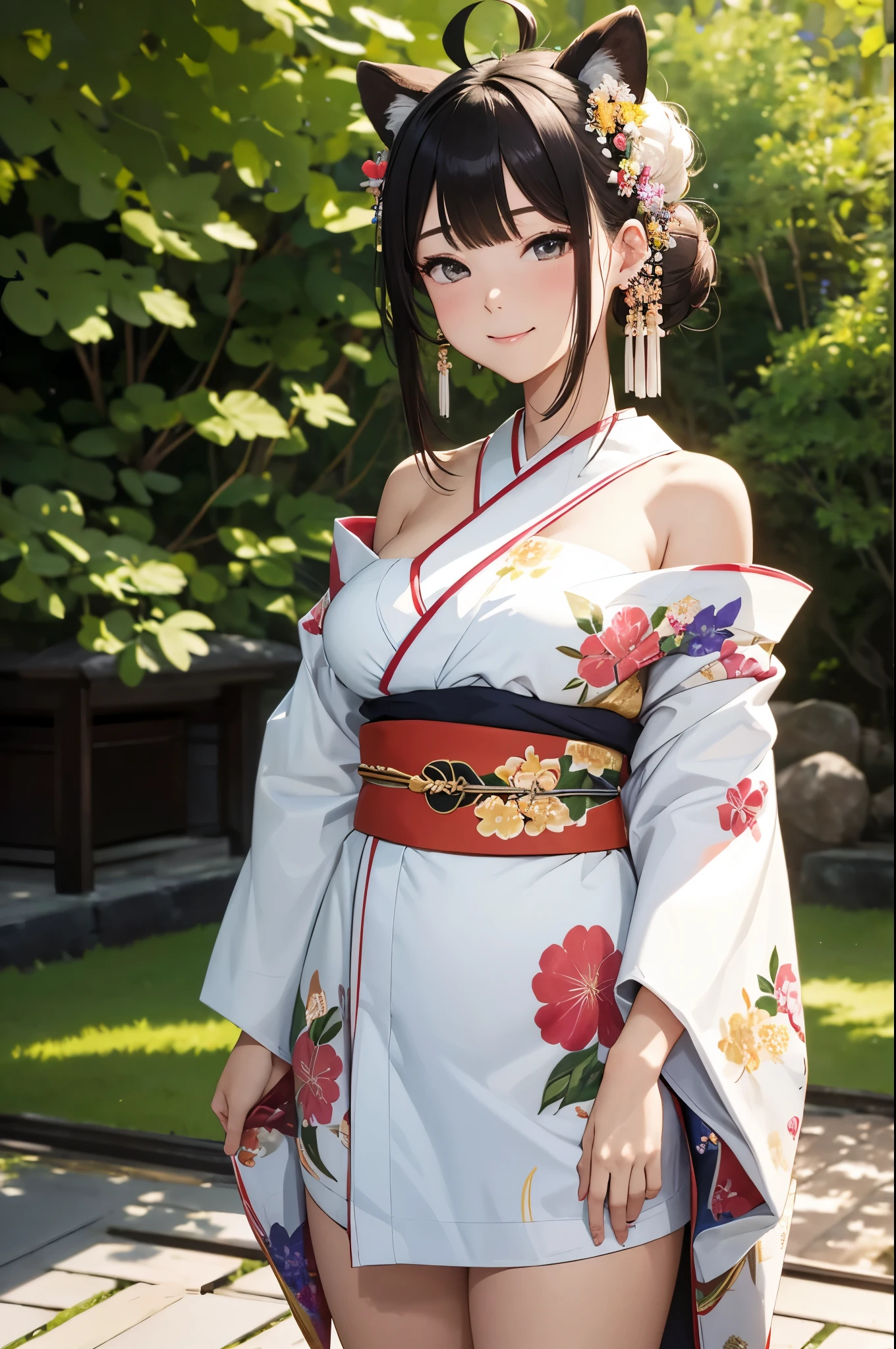 masterpiece,best quality,highres,bbbotan,ahoge,hair bun,double bun,sidelocks,animal ears,hair ornament,ear piercing,large breasts,off shoulder,japanese clothes,fur-trimmed kimono,white kimono,floral print,wide sleeves,obi,sash,skirt,standing,outdoors,cowboy shot,smile,arms at sides,
