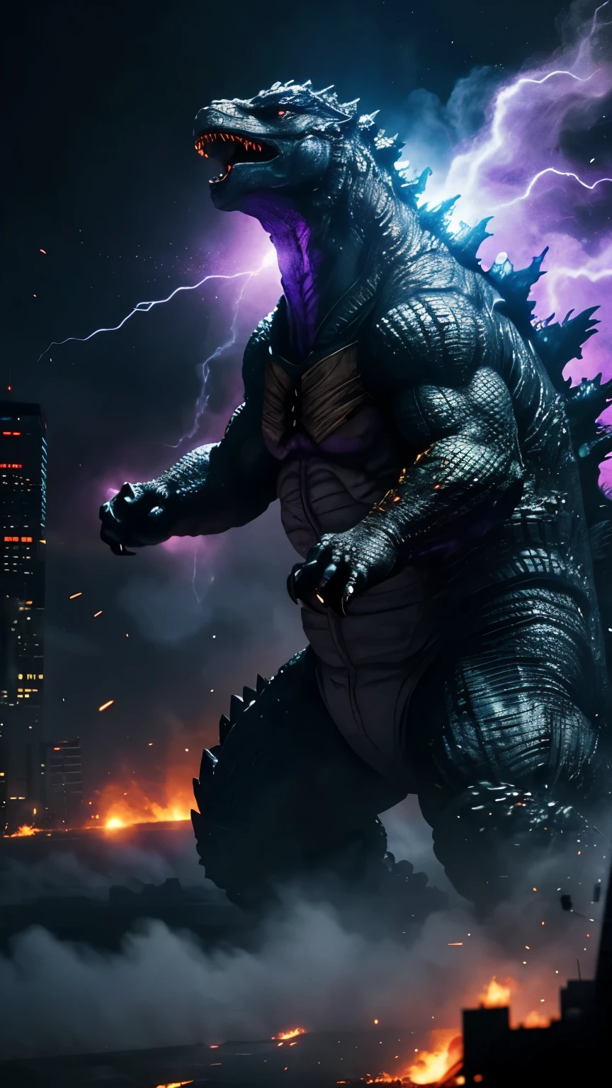 best quality, super fine, 16k, Godzilla is at the limit of destruction, emitting a purple and pale aura, a broken city, explosive flames, and smoke, blend art, mixture art, fractal art, art design, motion-blur, action-lines, speed-lines, wind, wind-effect