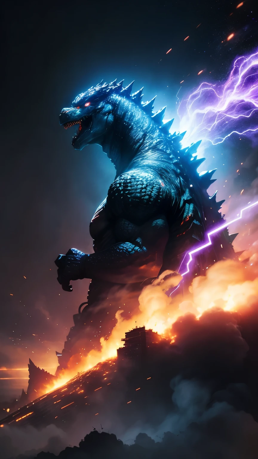 best quality, super fine, 16k, Godzilla is at the limit of destruction, emitting a purple and pale aura, a broken city, explosive flames, and smoke, blend art, mixture art, fractal art, art design, motion-blur, action-lines, speed-lines, wind, wind-effect