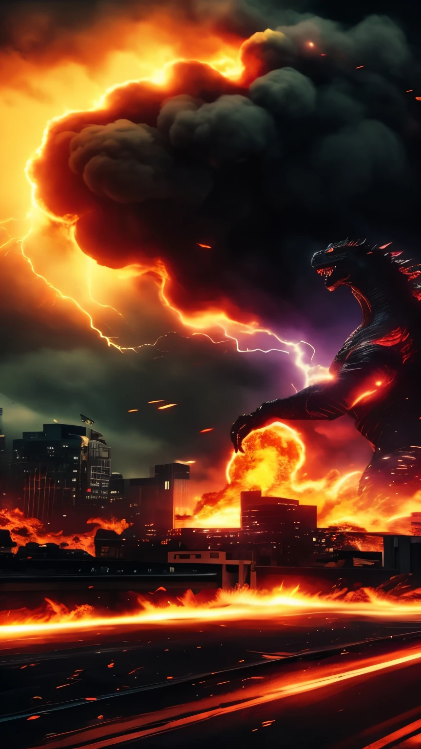 best quality, super fine, 16k, Godzilla is at the limit of destruction, emitting a purple and pale aura, a broken city, explosive flames, and smoke, blend art, mixture art, fractal art, art design, motion-blur, action-lines, speed-lines, wind, wind-effect