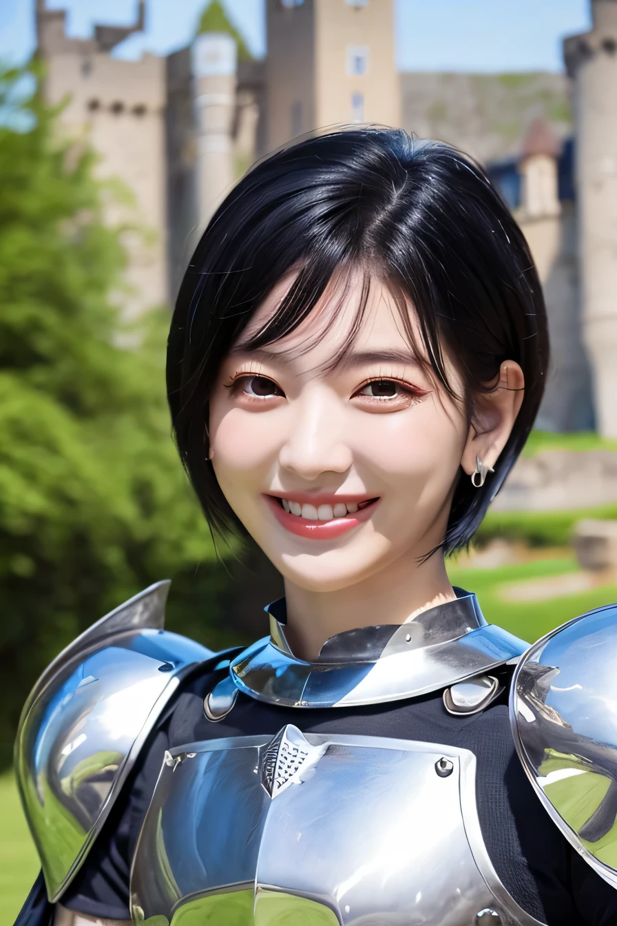 highest quality、4K、The background is a castle、slender body shape、female knight、black hair、smile、beautiful teeth、hairstyle short cut、ear piercing、full body photo、luxurious silver armor、