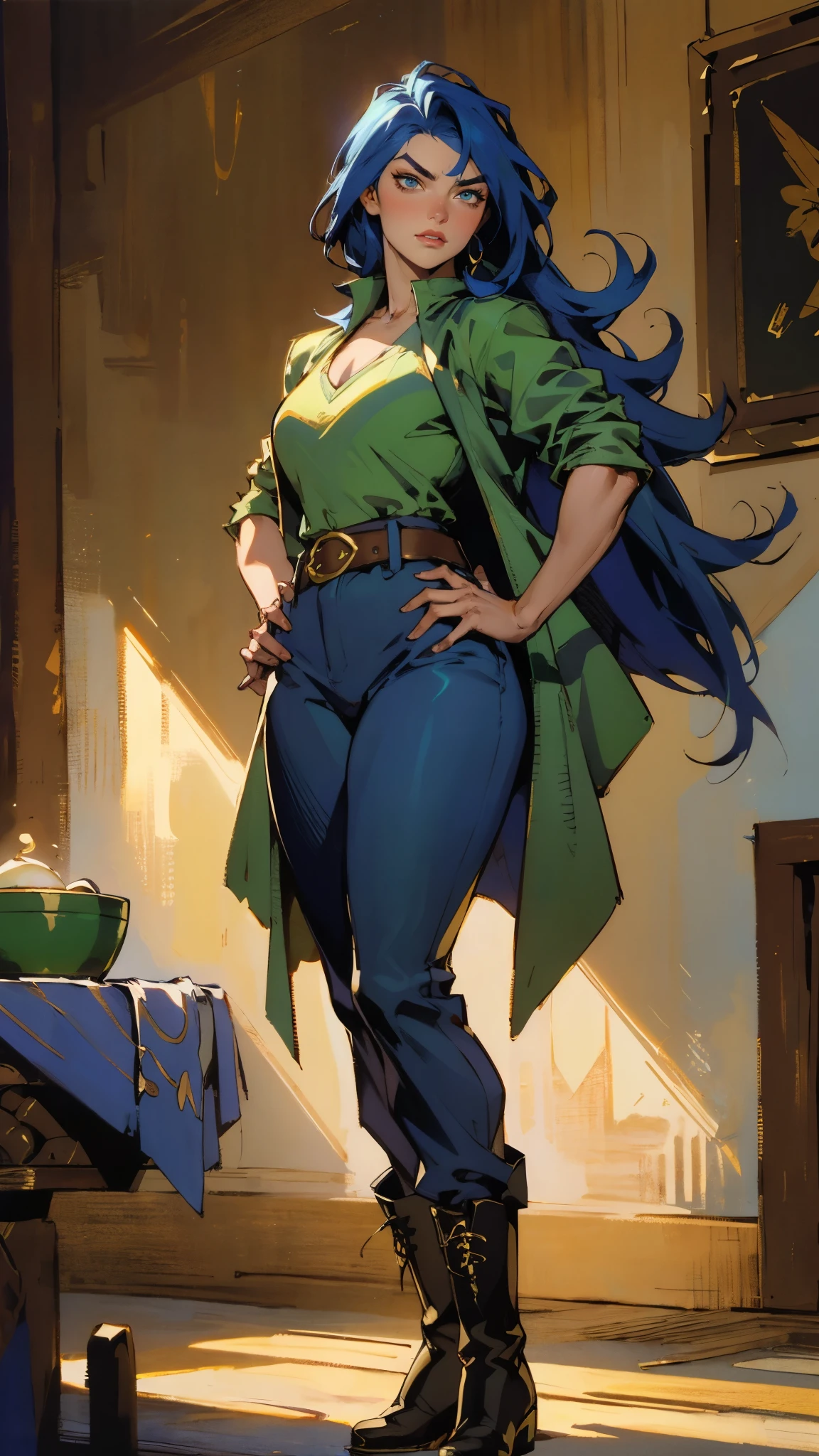 ((A young woman with flowing long dark blue hair, long side part bangs covering the right side of her face, sharp upward-arched thick eyebrows, large expressive eyes, a delicate oval face, a sensual wide mouth, a mocking expression, a fantasy martial arts-style emerald green short jacket with a blue undershirt, a high collar, rolled-up sleeves, matching fabric pants, a yellow waist belt, leather combat boots, one hand rests on her hip, surrounded by a cyan energy aura, standing in a fantasy style Chinese tavern)), this character embodies a finely crafted a fantasy martial arts heroine in anime style, exquisite and mature manga art style, pale skin, high definition, best quality, highres, ultra-detailed, ultra-fine painting, extremely delicate, professional, anatomically correct, symmetrical face, extremely detailed eyes and face, high quality eyes, creativity, RAW photo, UHD, 32k, Natural light, cinematic lighting, masterpiece-anatomy-perfect, masterpiece:1.5
