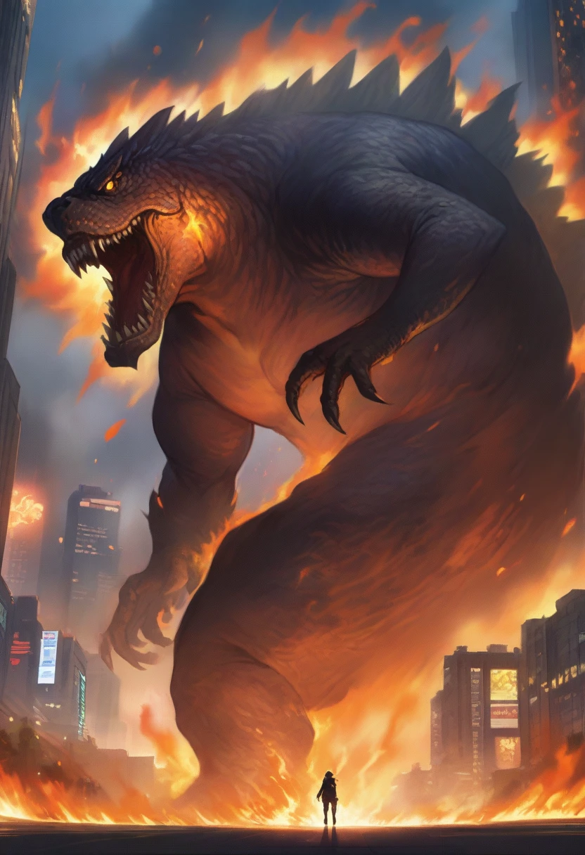 masterpiece, best quality, very aesthetic, cloudy daylight,
GodzillaXP, monster, godzilla,  full body shot from side, looking at the viewer, blue eyes, yellow spines, 
in city center, fire, explosion,