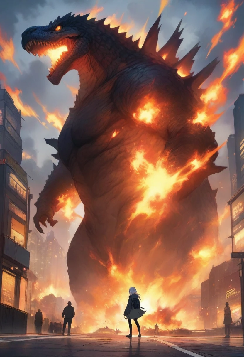 masterpiece, best quality, very aesthetic, cloudy daylight,
GodzillaXP, monster, godzilla,  full body shot from side, looking at the viewer, blue eyes, yellow spines, 
in city center, fire, explosion,