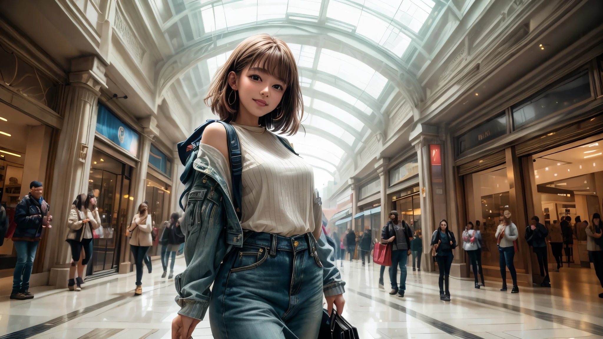 (best quality,4k,8k,highres,masterpiece:1.2),ultra-detailed, College Girl shopping in a mall, strutting her stuff, Smiling and laughing, Flirting with the viewer, HDR, 8k, absurdres, cinestill 800, sharp focus, add_detail:3 (solo woman) Hamamao