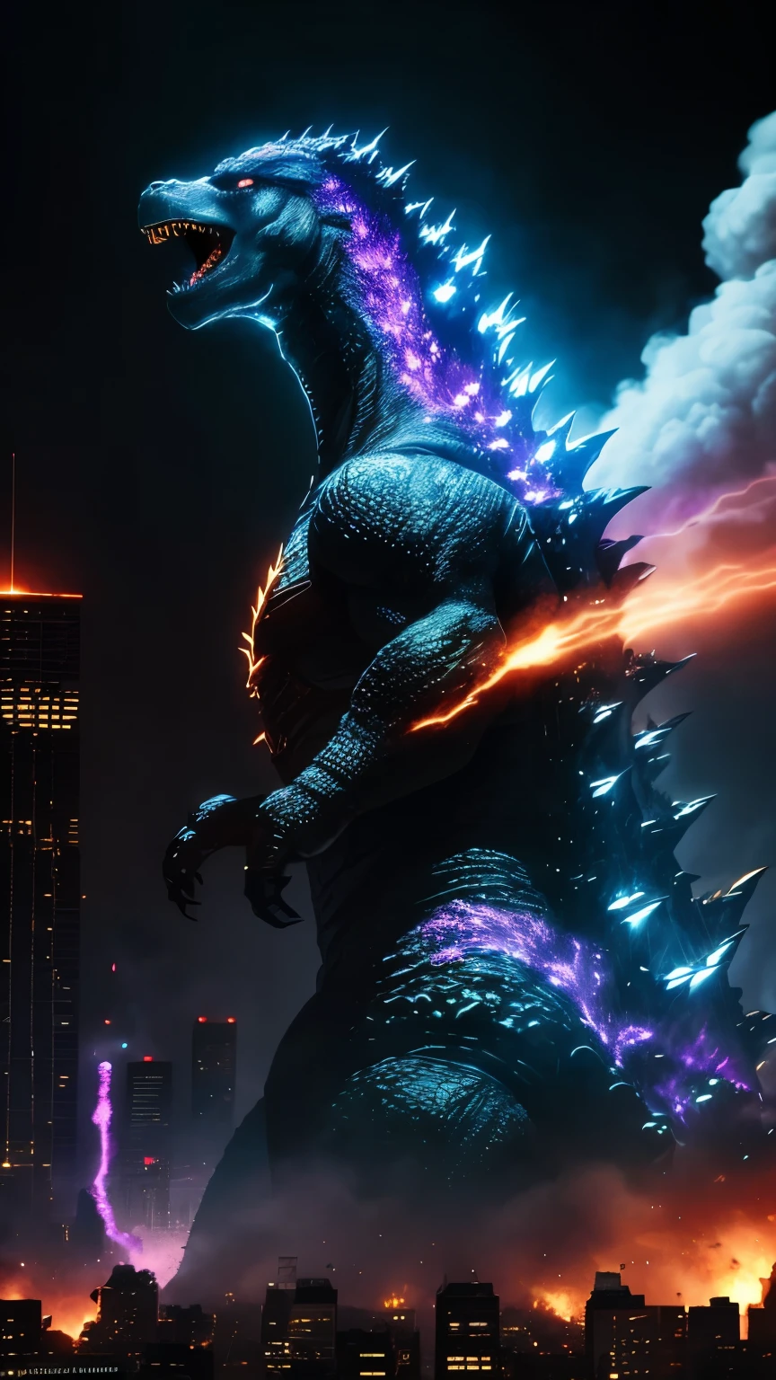 best quality, super fine, 16k, Godzilla is at the limit of destruction, emitting a purple and pale aura, a broken city, explosive flames, and smoke, blend art, mixture art, fractal art, art design, motion-blur, action-lines, speed-lines, wind, wind-effect