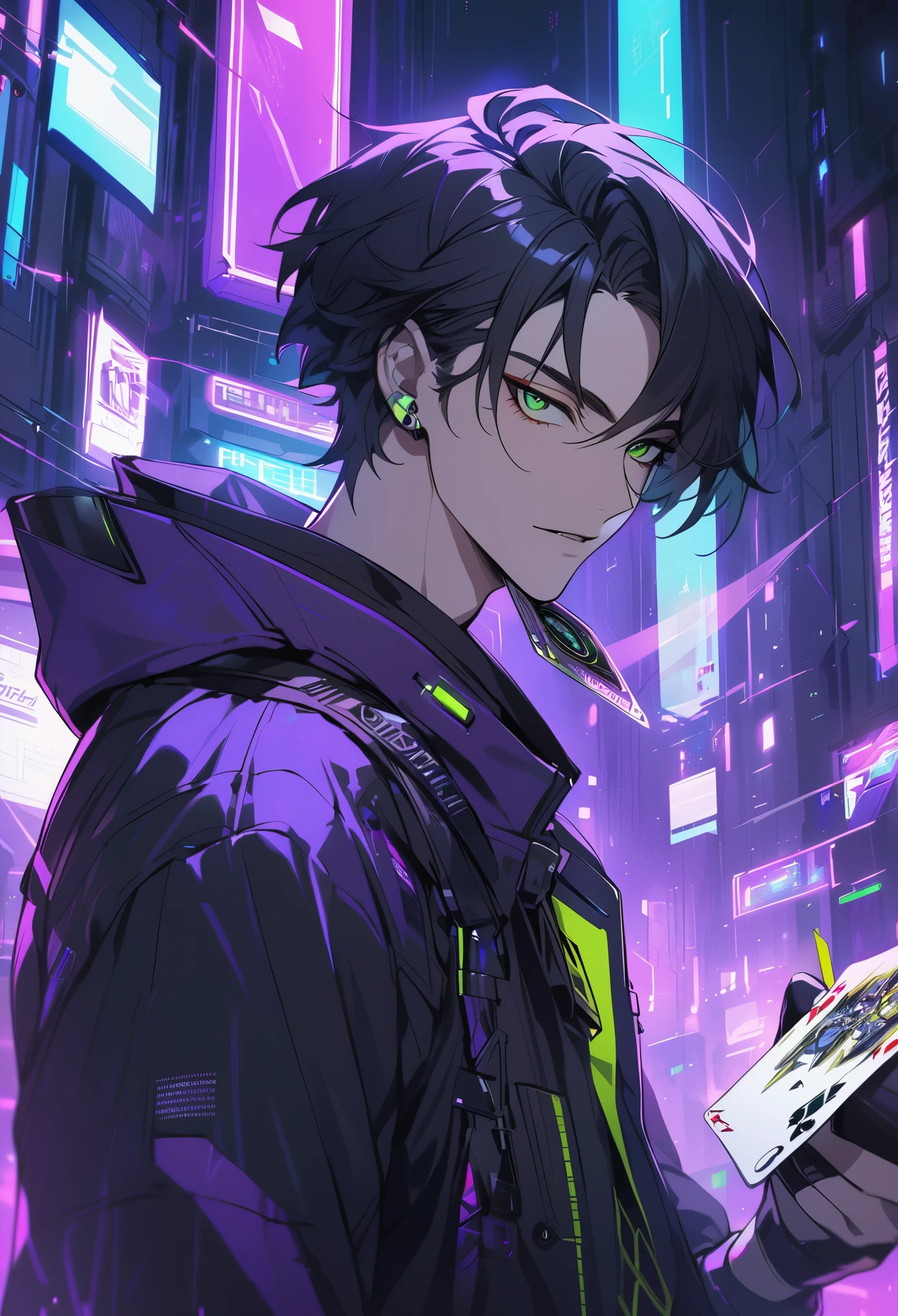 Handsome, solo, 1 male, short hair, black hair, green eyes, black and purple hood, futuristic, cyberpunk, cards, gambler