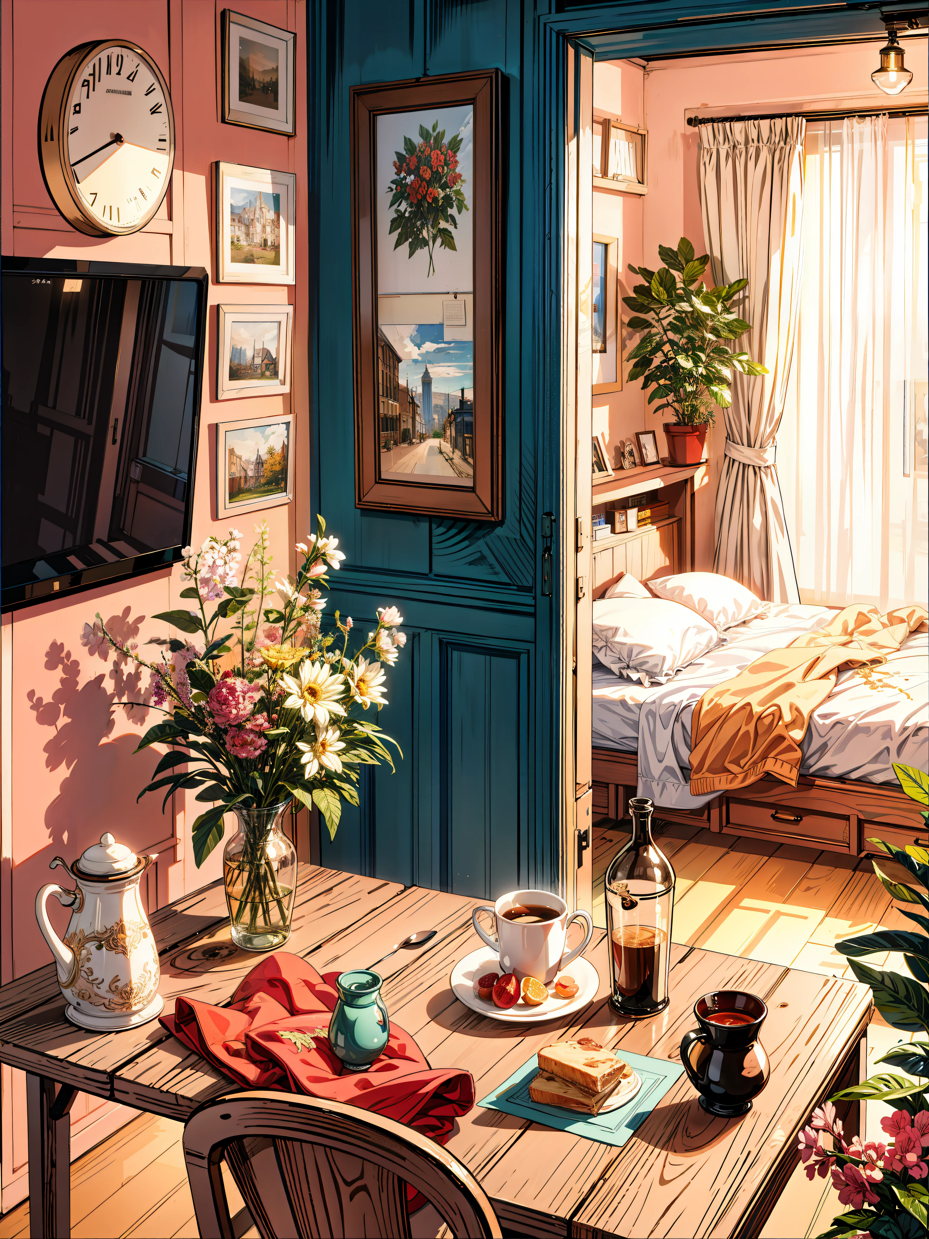a drawing of a room with a bed and a table, cozy cafe background, cozy wallpaper, cozy home background, happy cozy feelings, lofi vibe, cute room, cozy environment, happy ambience, lofi vibes, lofi album art, inside a cozy apartment, warm mood, lofi artstyle, cozy atmospheric, lofi aesthetic, a sunny bedroom, 4k hd,, beautiful art uhd 4 k, a beautiful artwork illustration, beautiful digital painting, highly detailed digital painting, beautiful digital artwork, detailed painting 4 k, very detailed digital painting, rich picturesque colors, gorgeous digital painting