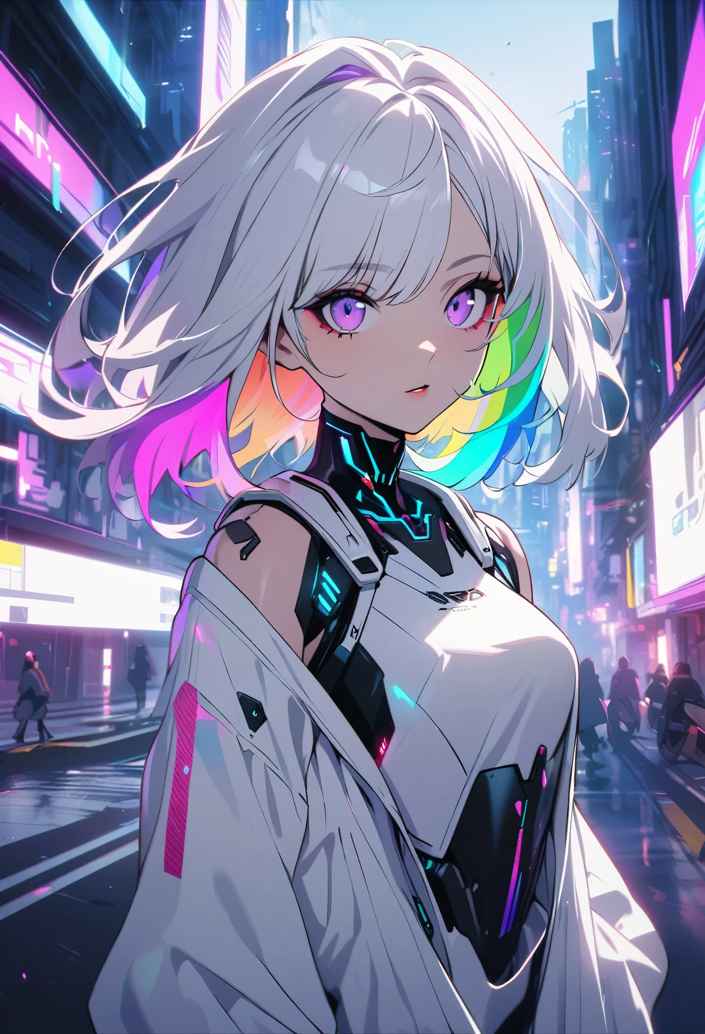 Handsome, solo, 1 female, medium hair, white hair, rainbow hair, purple eyes, white clothes, futuristic, cyberpunk, cybernetic