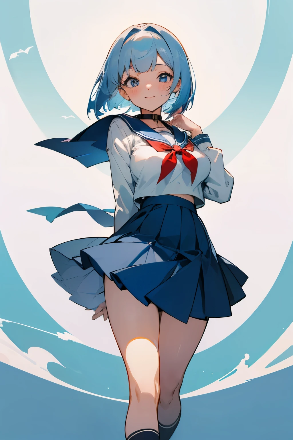 anime illustration young woman cute beautiful woman fair and beautiful skin cheeks are slightly blushing smiling light blue hair bob cut light blue eyes She is wearing a sailor suit that is white overall but has a blue collar and her chest.(Yuan)She has a red ribbon attached to her and is wearing a long dark blue skirt that seems to belong to her sailor uniform.。 high school girl ECup-sized big breasts round eyes Add white highlights to the eyes A clean yet lively image My hair and skirt are fluttering slightly in the wind. She wears black high socks that reach around her knees. Concentrate on depicting the area above the waist of the person Standing in a neat manner big breasts cute She wears a black undershirt under her sailor suit. Both hands are tied behind the waist