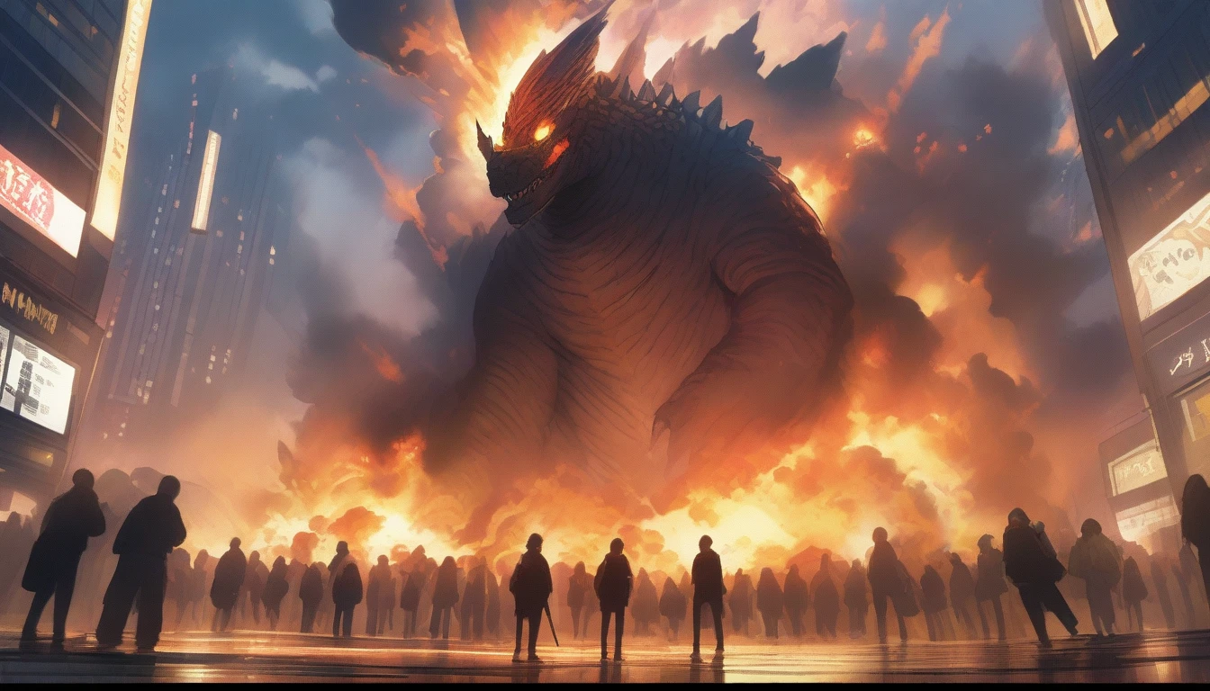 masterpiece, best quality, very aesthetic, cloudy moonlight,
monster, godzilla, full body shot from side, looking at the viewer, blue eyes, yellow spines,
in city center, fire, explosion,